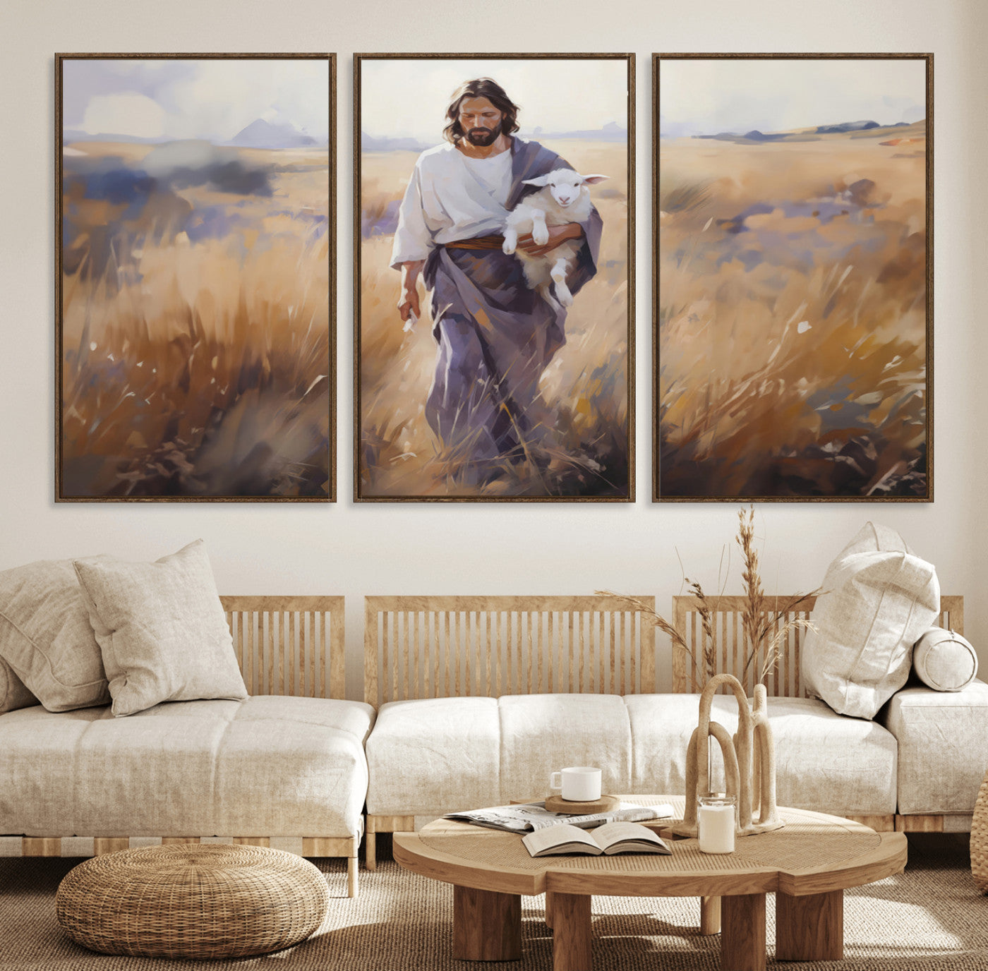 15645-MGV-FC-60X30-3P_Walnut-Jesus the Good Shepherd Wall Art Canvas Print - Lost Lamb Print for Prayer Room Decor