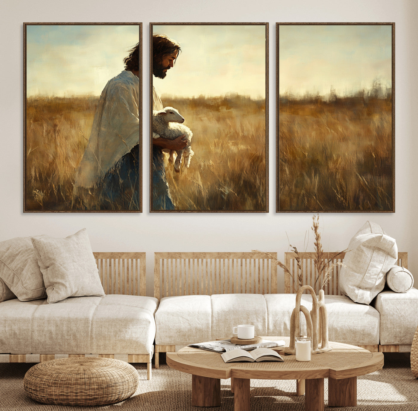 53873-MGV-FC-60X30-3P_Walnut-Jesus the Good Shepherd Wall Art Canvas Print - Inspirational Christian Religious Print for Prayer