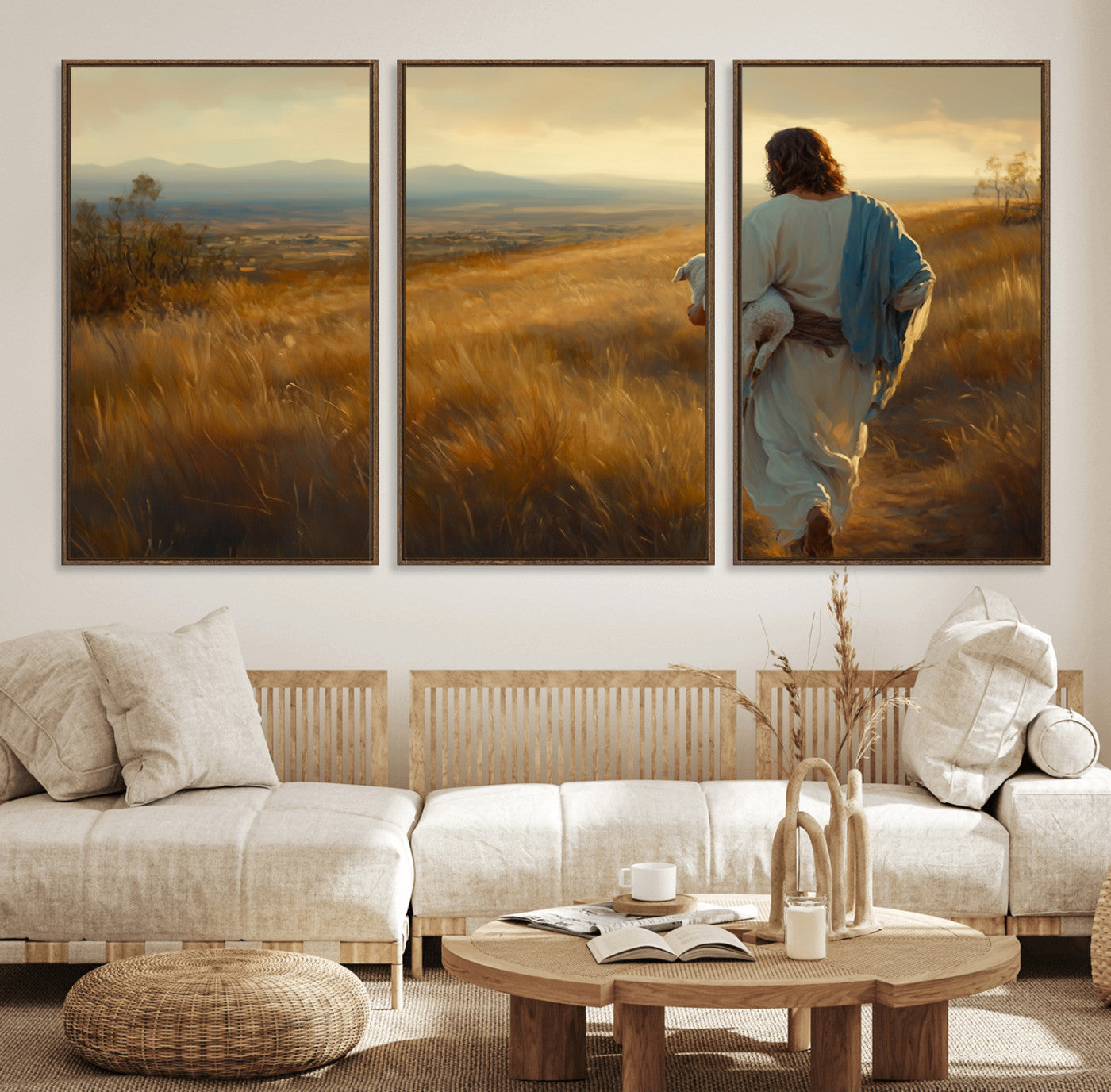53029-MGV-FC-60X30-3P_Walnut-Jesus the Good Shepherd Wall Art Canvas Print - Inspirational Christian Religious Print for Prayer