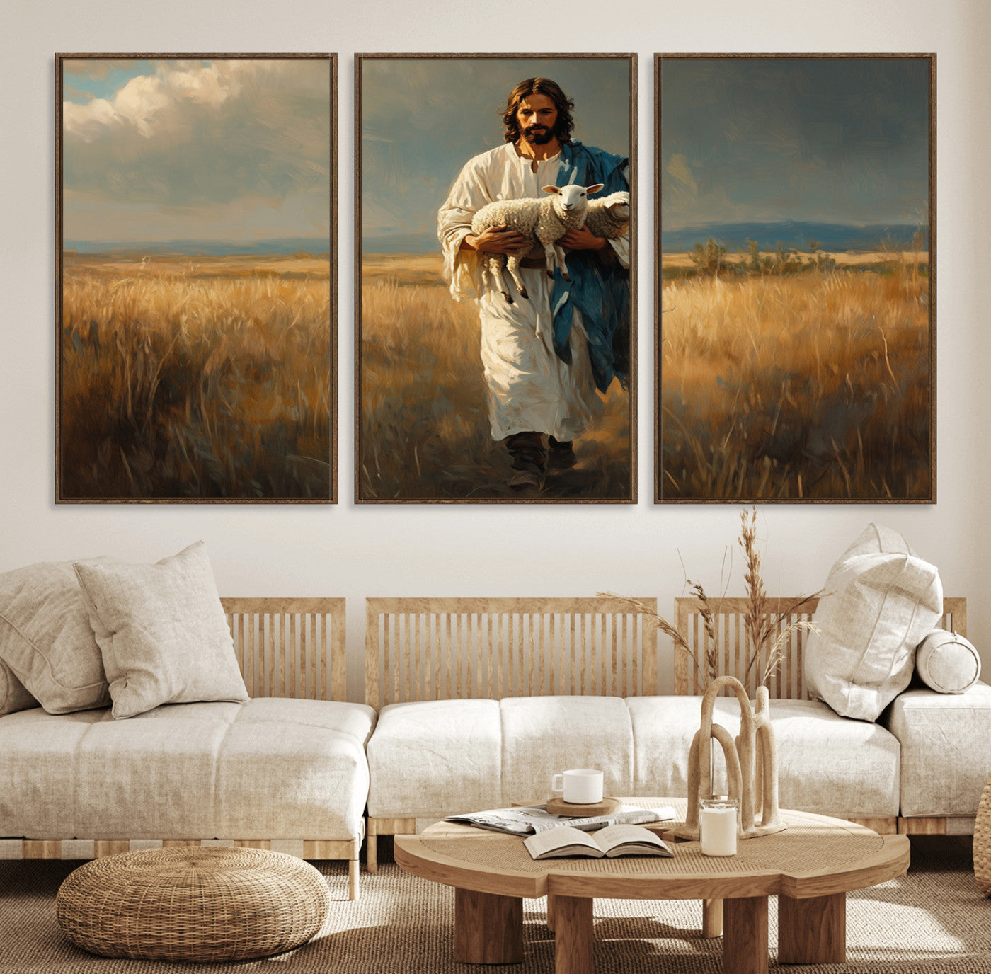 36769-MGV-FC-60X30-3P_Walnut-Jesus Shepherd Wall Art | Ready to Hang Triptych Canvas of Jesus Holding a Lamb in a Field |
