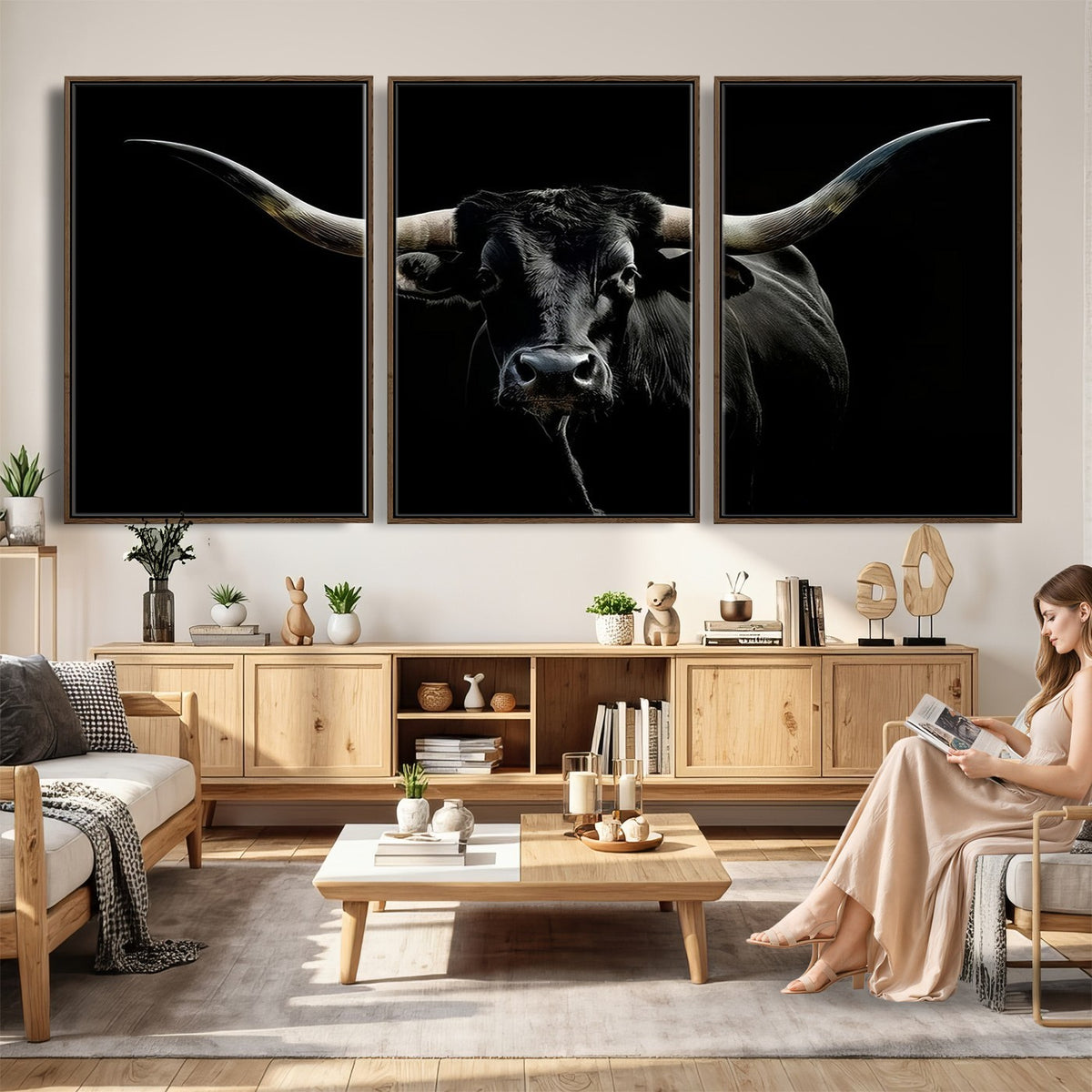 20679-MGV-CV-24X16 - Texas Black Longhorn Bull Wall Art Canvas Print, Western Cattle Rustic Decor