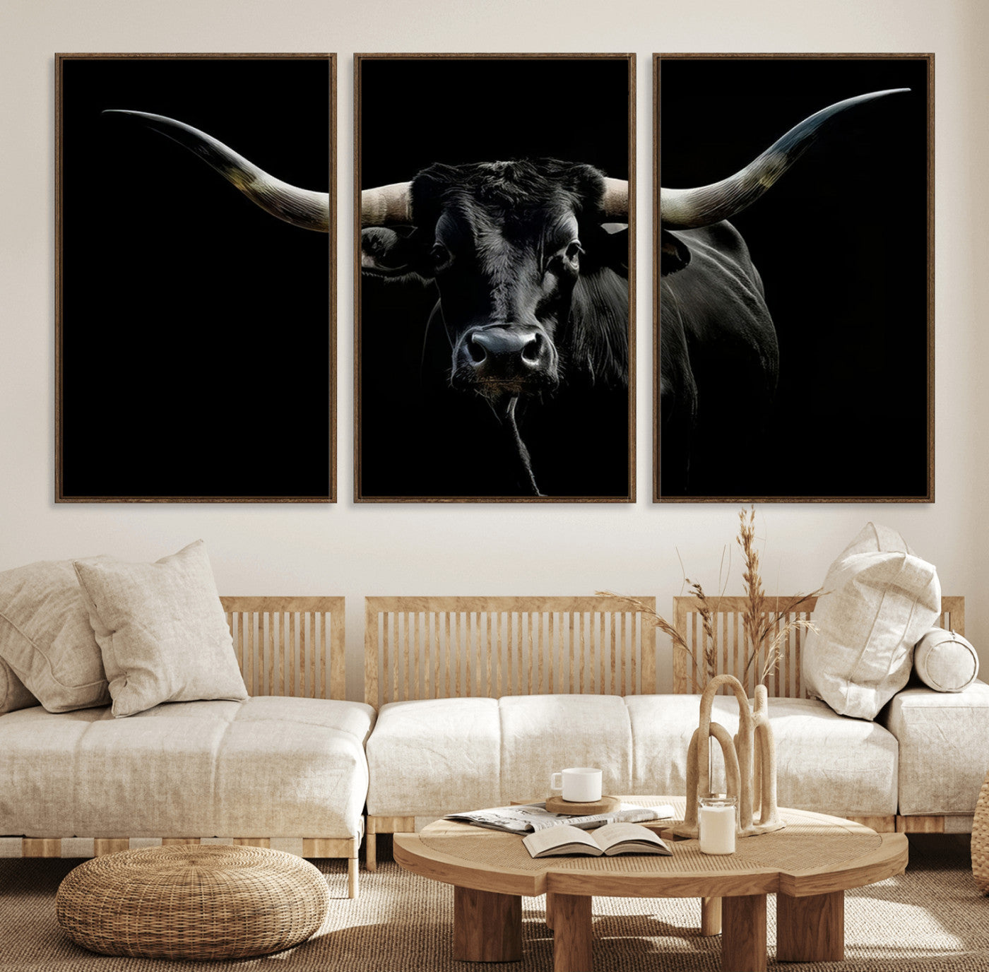MGV-FC-60X30-3P - Texas Black Longhorn Bull Wall Art Canvas Print - Western Texas Cattle Rustic Decor Print - Longhorn