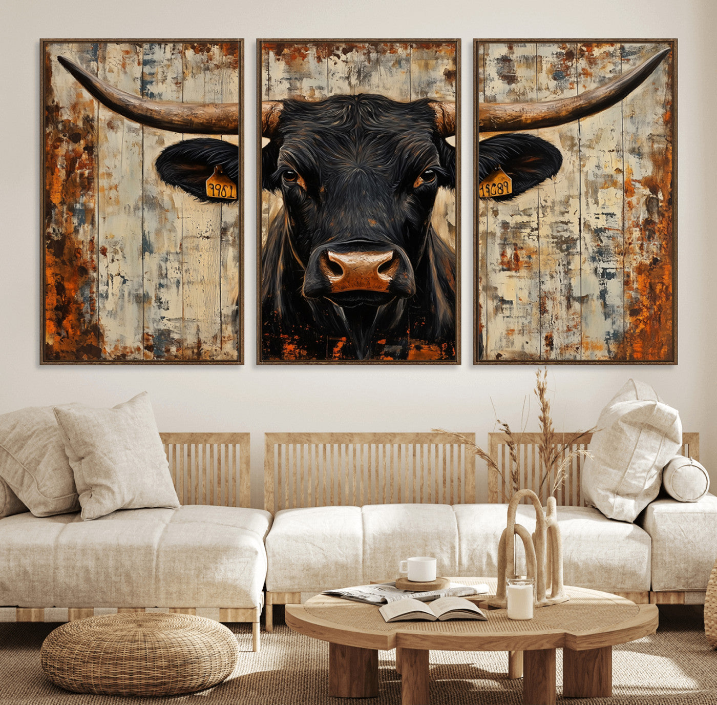MGV-FC-60X30-3P - Rustic Texas Artwork Wall Art Canvas Print - Abstract Cow Longhorn Bull Wall Art Canvas Print