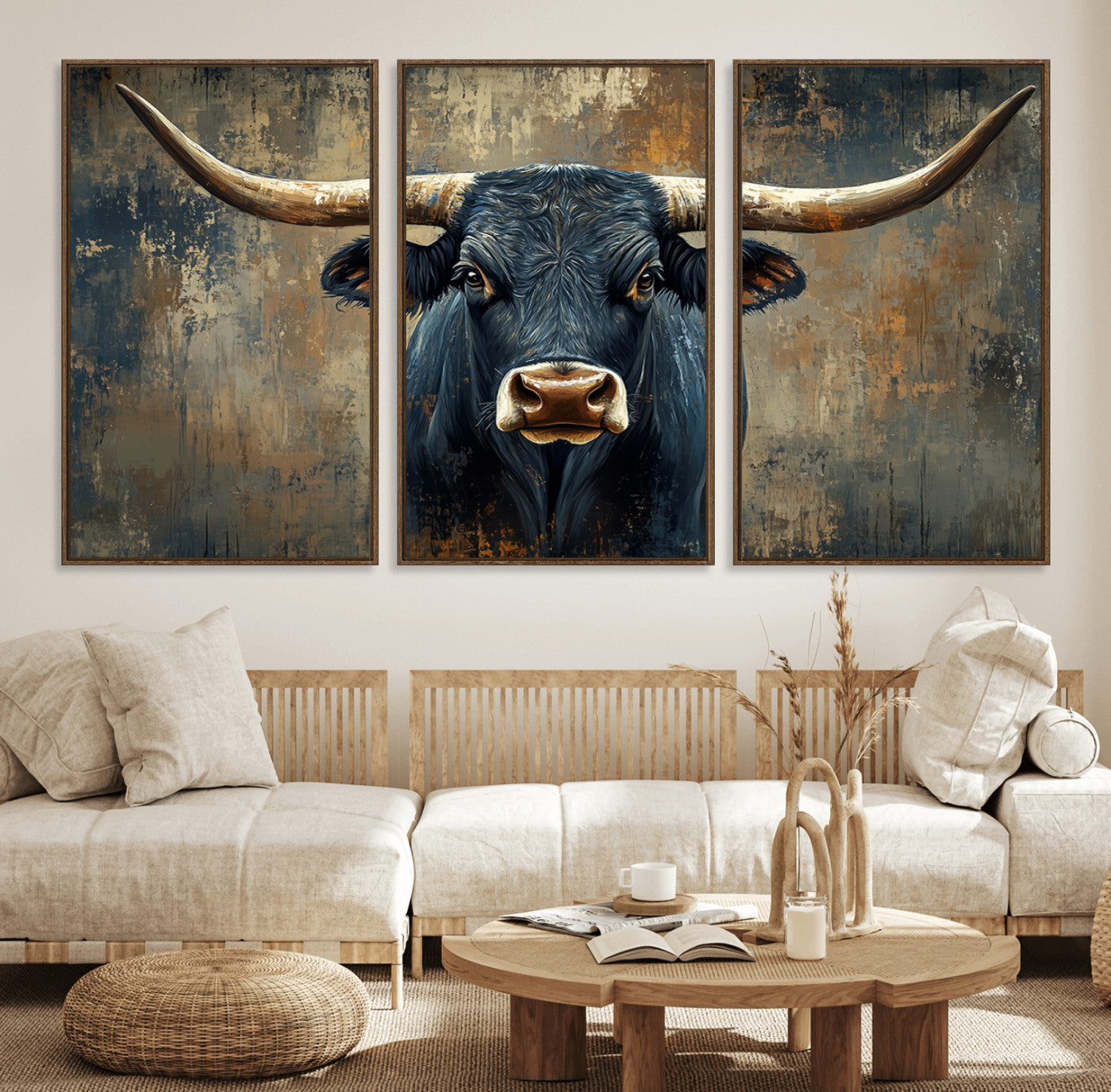 42026-MGV-FC-60X30-3P_Walnut-Texas Western Wall Art Canvas Print - Abstract Cow Longhorn Bull Wall Art Canvas Print - Rustic Cow