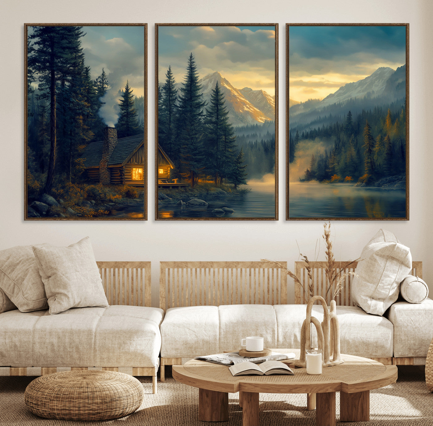 MGV-FC-60X30-3P - Mountain Cabin by the Lake at Sunset Wall Art - Serene Nature Canvas Print for Living Room Decor,