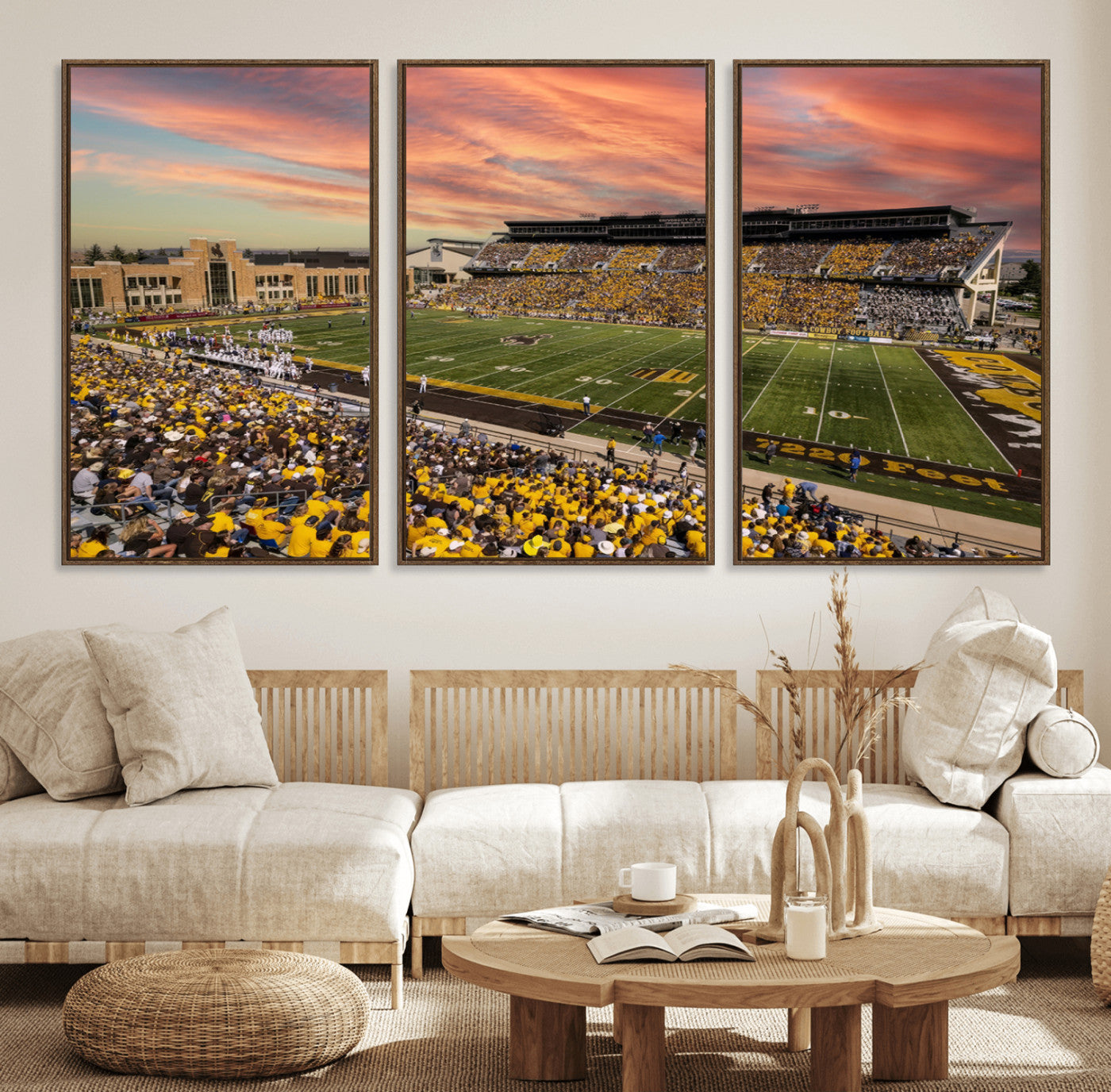 90508-MGV-FC-60X30-3P_Walnut-University of Wyoming Cowboys Football Team Print - Laramie Jonah Field War Memorial Stadium Wall