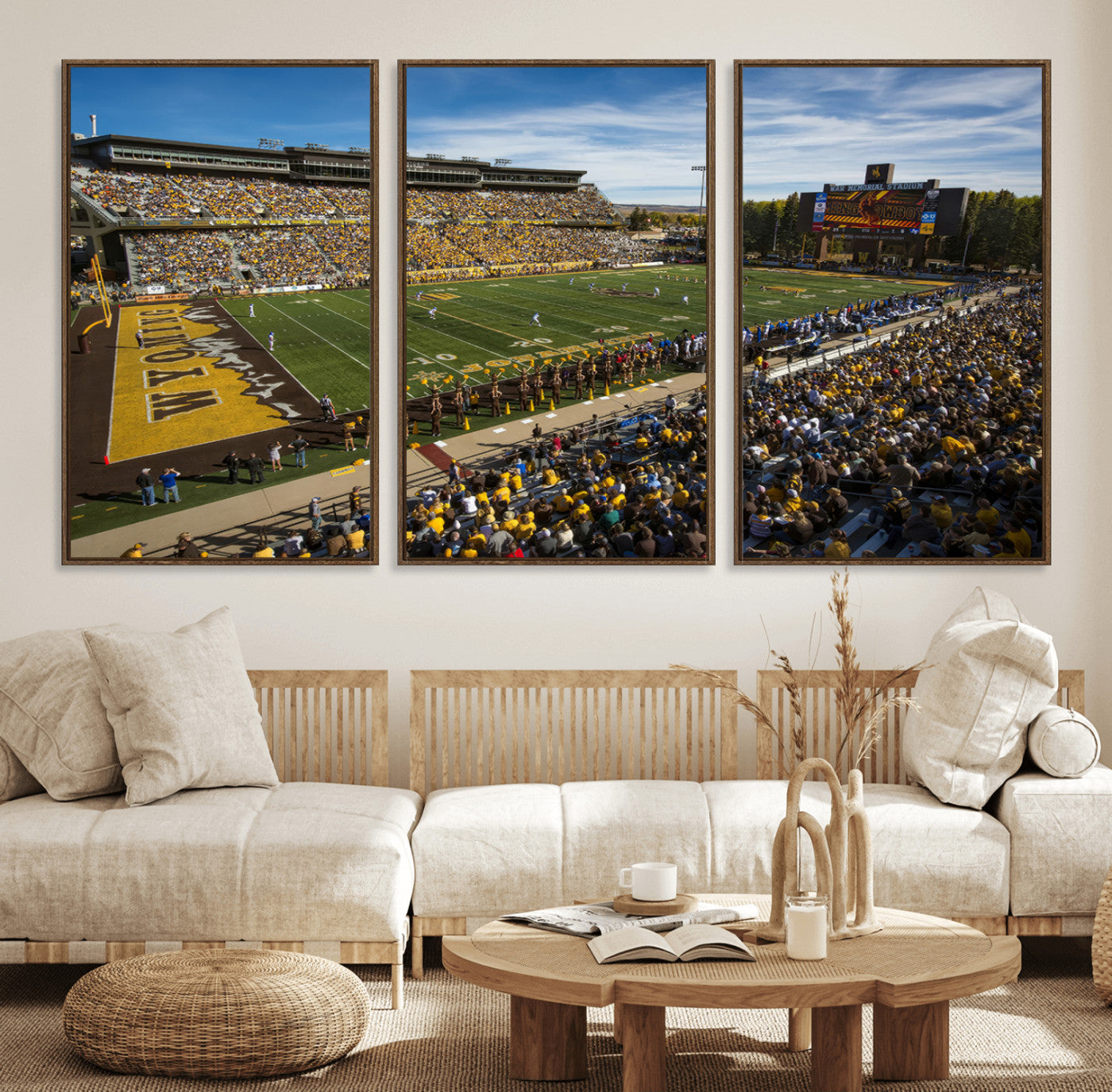 89846-MGV-FC-60X30-3P_Walnut-University of Wyoming Cowboys Football Team Print - Laramie Jonah Field War Memorial Stadium Wall