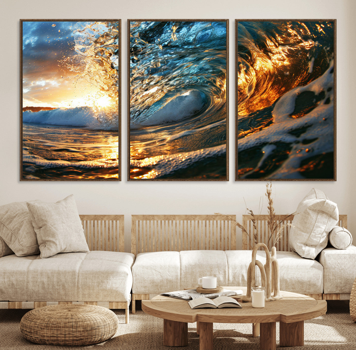 41370-MGV-FC-60X30-3P_Walnut-Ocean Wave at Sunset Canvas Wall Art – Vibrant Coastal Beach Waves Print, Large Nautical Decor,