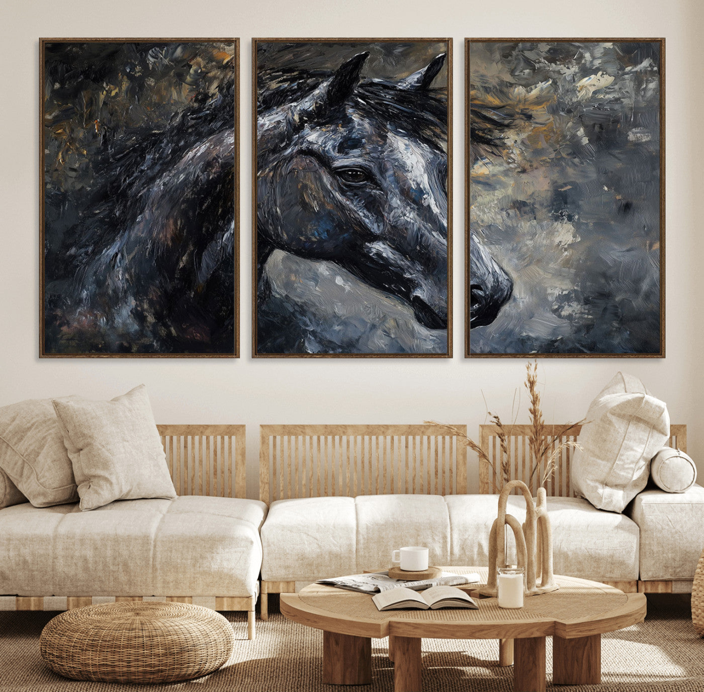 74166-MGV-FC-60X30-3P_Walnut-Large Abstract Horse Wall Art Canvas Print | Farmhouse Wall Decor | Rustic Horse Art | Western Cabin