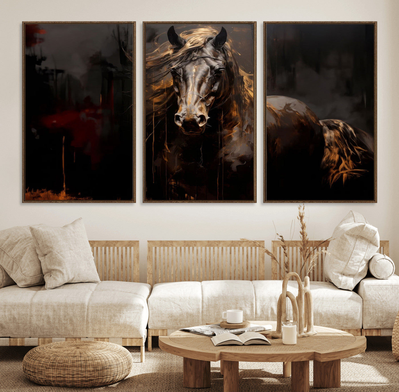 MGV-FC-60X30-3P - Abstract Black Horse Canvas Print for Farmhouse Wall Art | Abstract Equine Wall Art | Western Decor