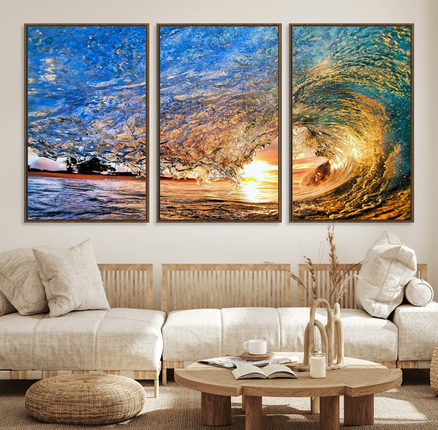 84627-MGV-FC-60X30-3P_Walnut-Ocean Wave at Sunset Canvas Wall Art – Vibrant Coastal Beach Waves Print, Large Nautical Decor,