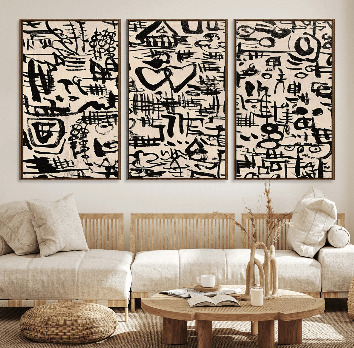 68273-MGV-FC-60X30-3P - Abstract Love and Chaos Canvas Print, Black Symbols on Beige