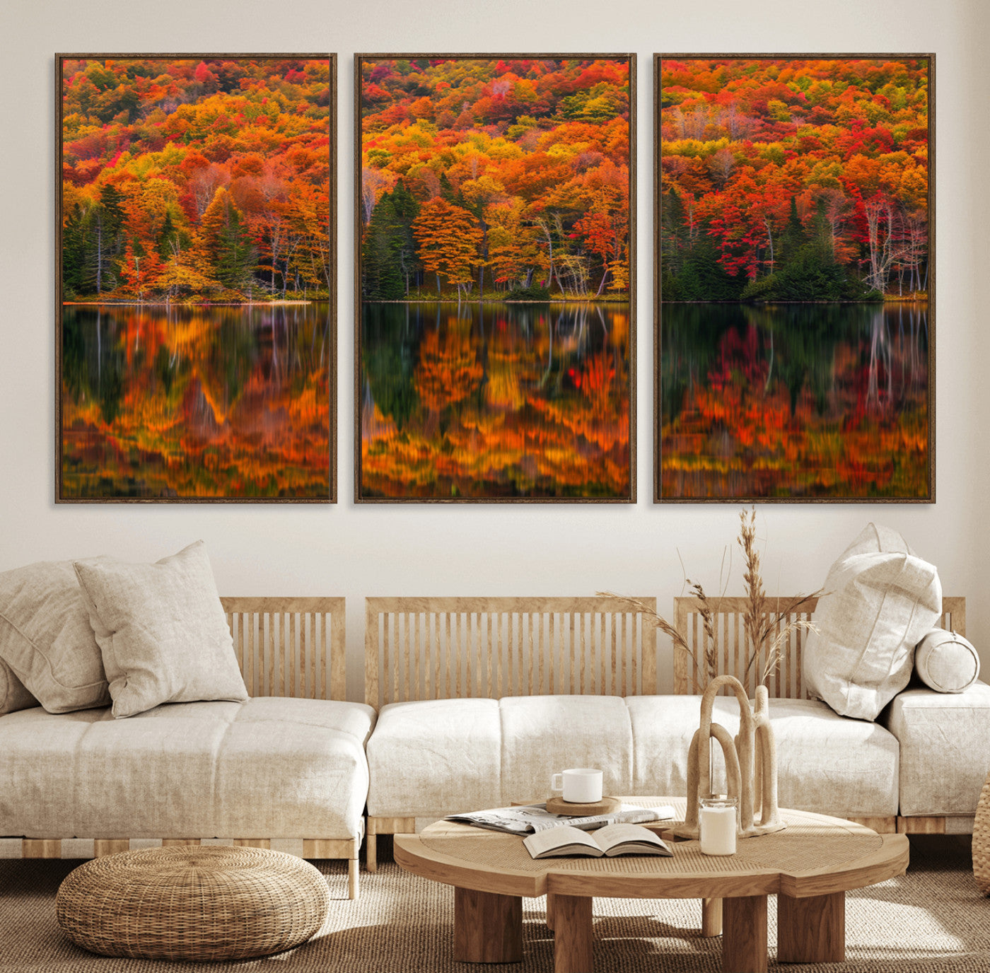 MGV-FC-60X30-3P - Fall Foliage Wall Art - Autumn Reflection Canvas Print, Stunning Fall Foliage Wall Art, Serene Lake