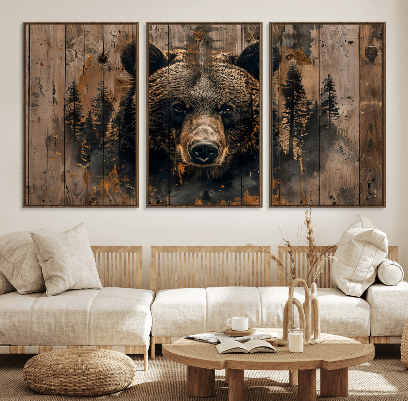 76998-MGV-FC-60X30-3P_Walnut-Rustic Grizzly 399 Wall Art | Triptych Canvas Print | Rustic Cabin Wall Decor | Perfect for