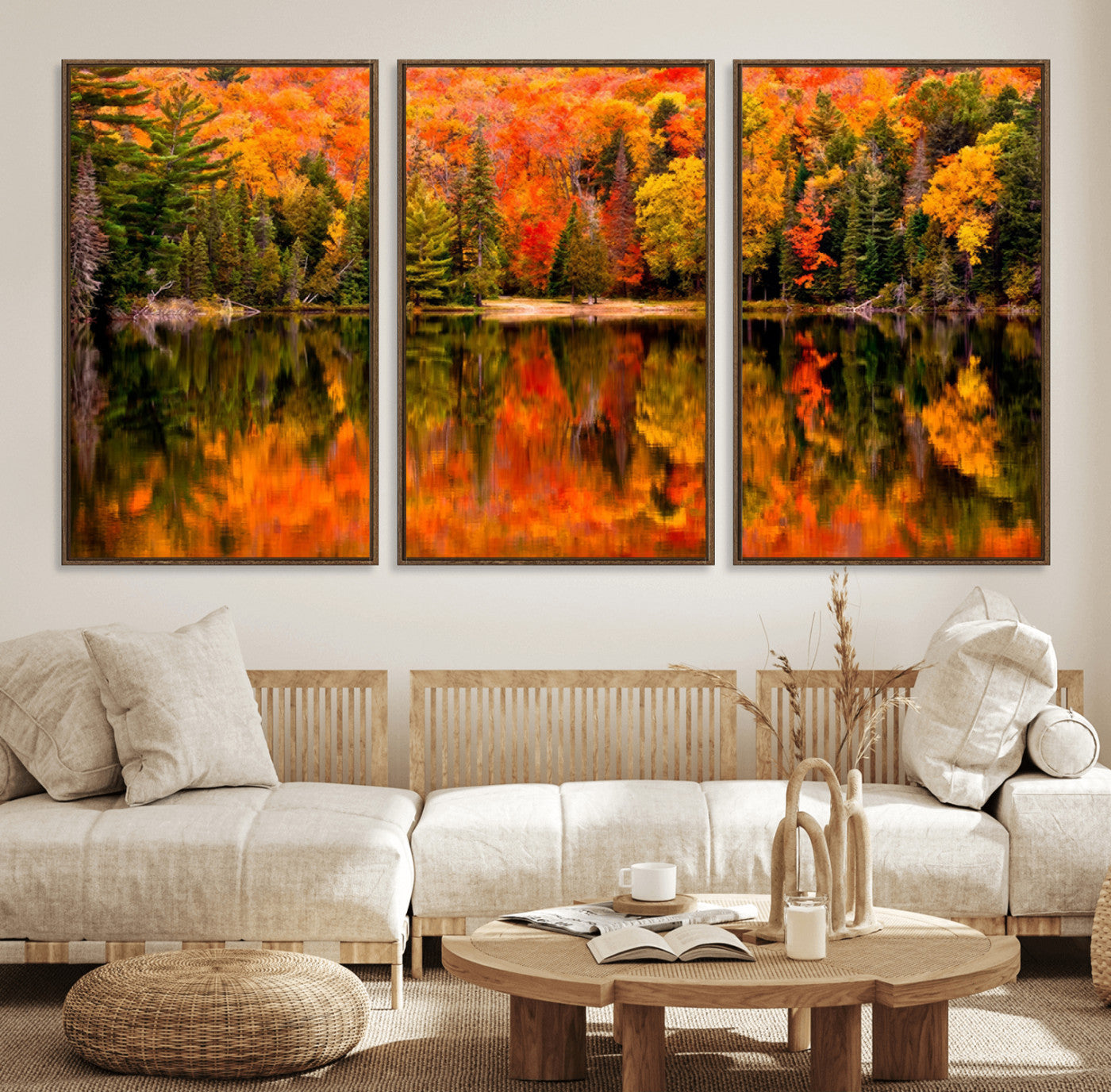 MGV-FC-60X30-3P - Forest Reflection Art | Autumn Forest Reflection Wall Art | Triptych Canvas Print | Vibrant Fall