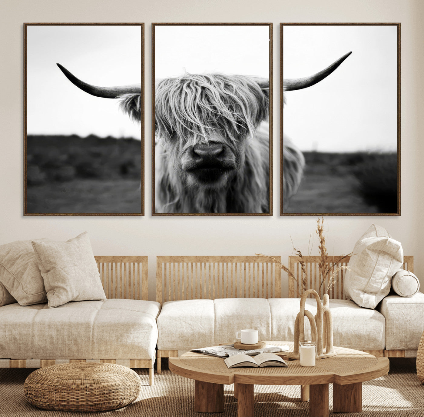 44157-MGV-FC-60X30-3P_Walnut-Highland Cow Wall Art | Black and White Farmhouse Decor | Triptych Canvas Print | Rustic Barn Decor
