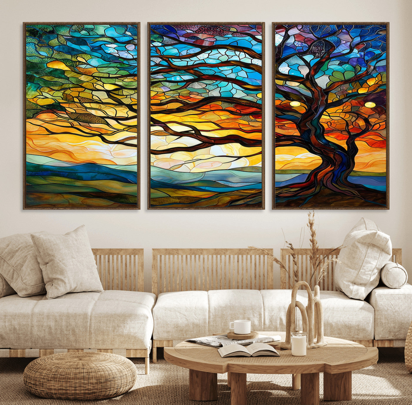 MGV-FC-60X30-3P - Vibrant Mosaic Tree of Life Wall Art | Stained Glass Style Canvas Print | Ready to Hang Artistic