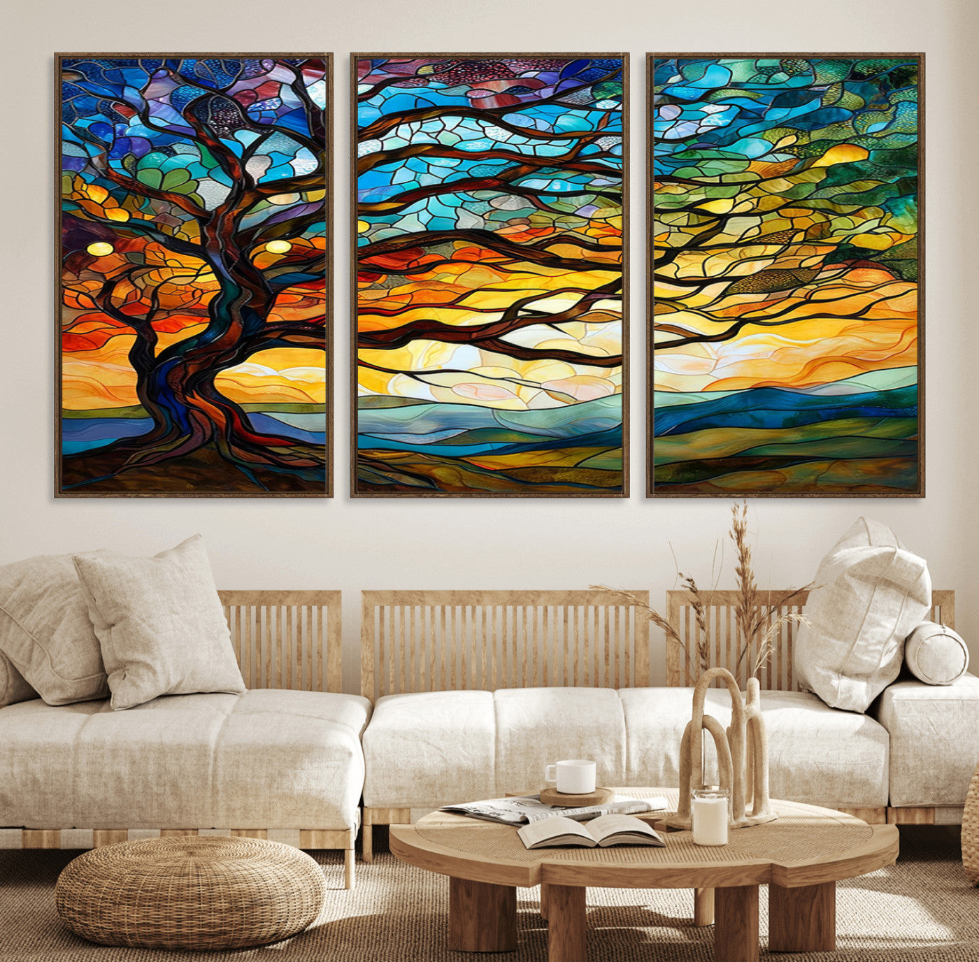 MGV-FC-60X30-3P - Mosaic Tree Wall Art | Ready to Hang Stained Glass Style Canvas Print | Farmhouse Wall Decor, Cabin