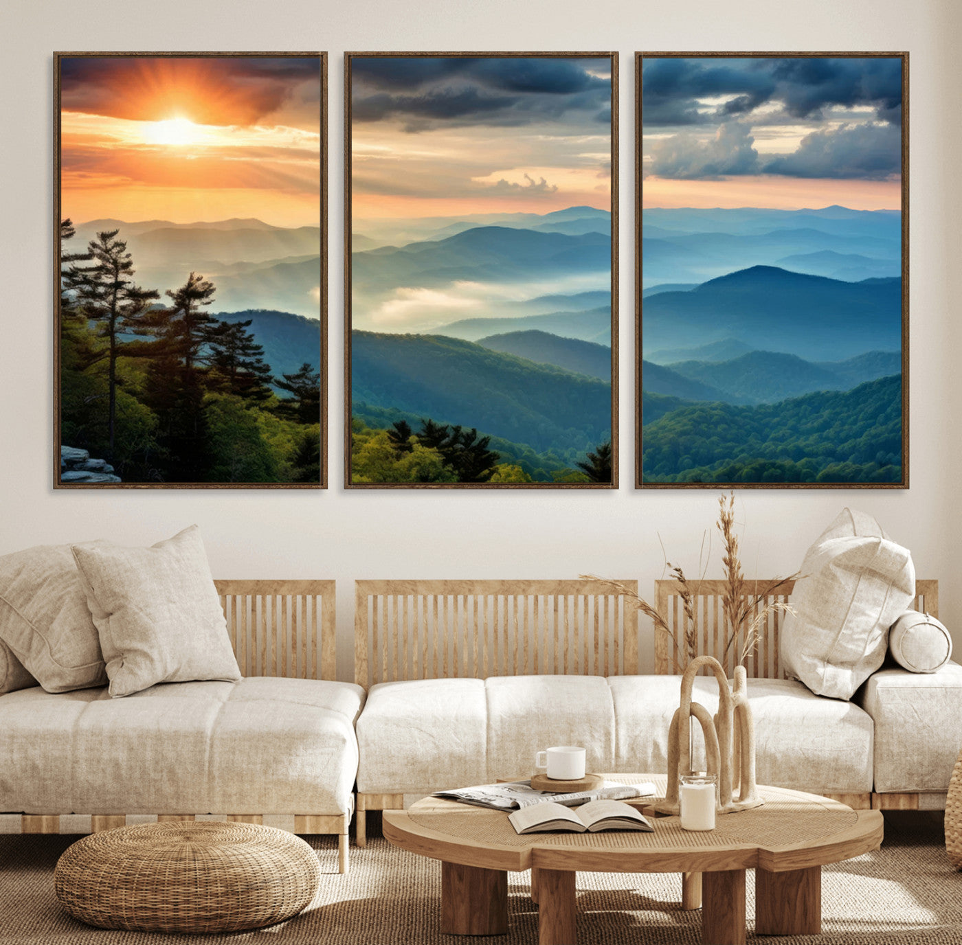 44761-MGV-FC-60X30-3P_Walnut-Sunrise Over Mountain Range Wall Art Canvas Print, Farmhouse Wall Decor, Cabin Wall Art