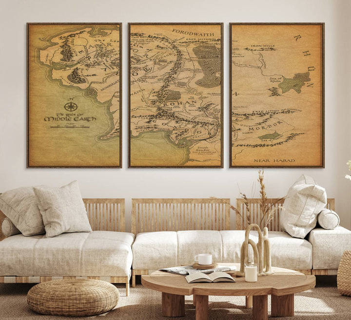 Vintage J.R.R. Tolkien Middle-Earth Map 3 Panel Canvas, perfect as wall art for home or office decor.