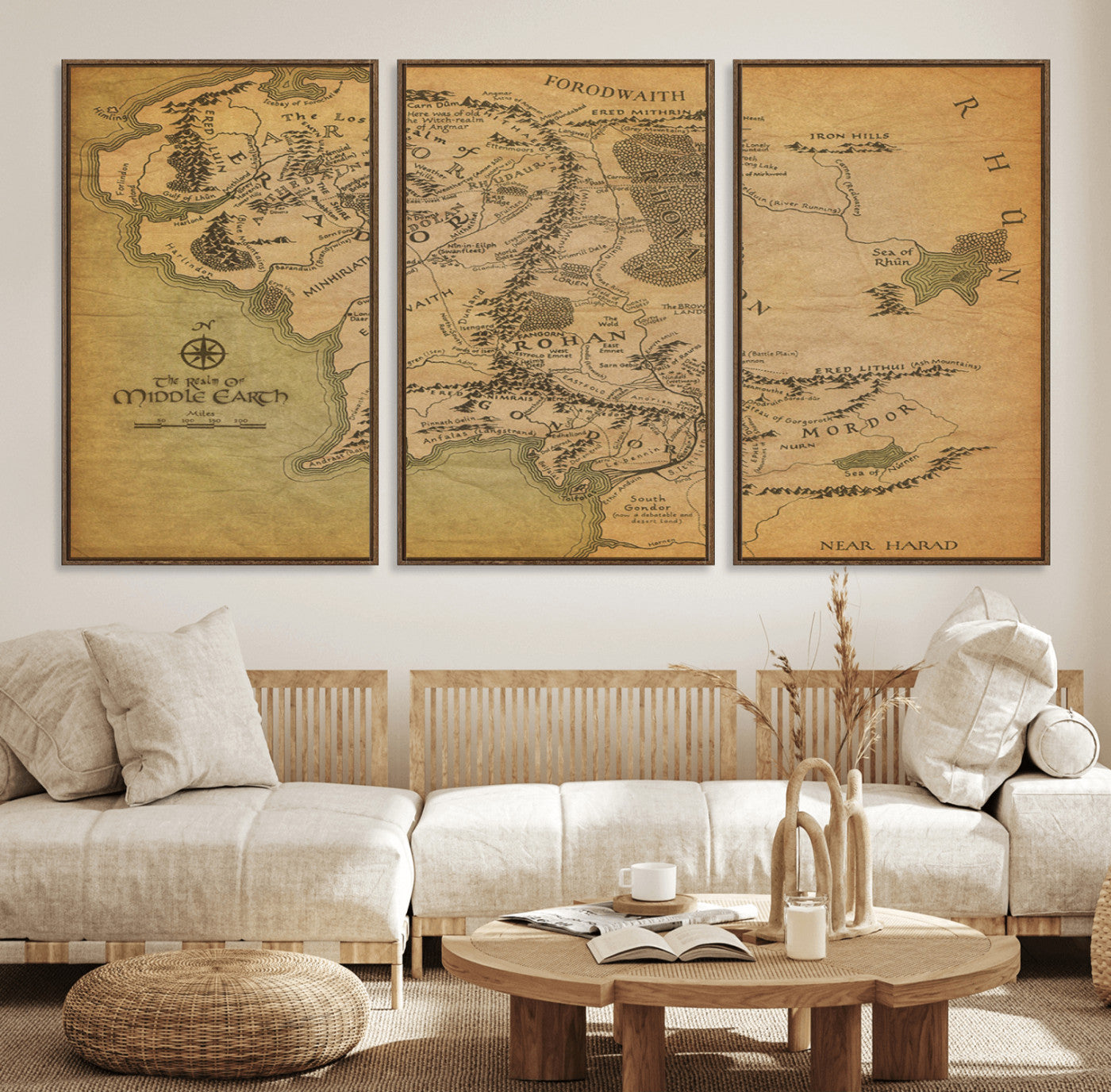 65656565-MGV-FC-60X30-3P_Walnut-Middle Earth Map Canvas Wall Art – Vintage Fantasy Map Print, Decor for Home Library or Office