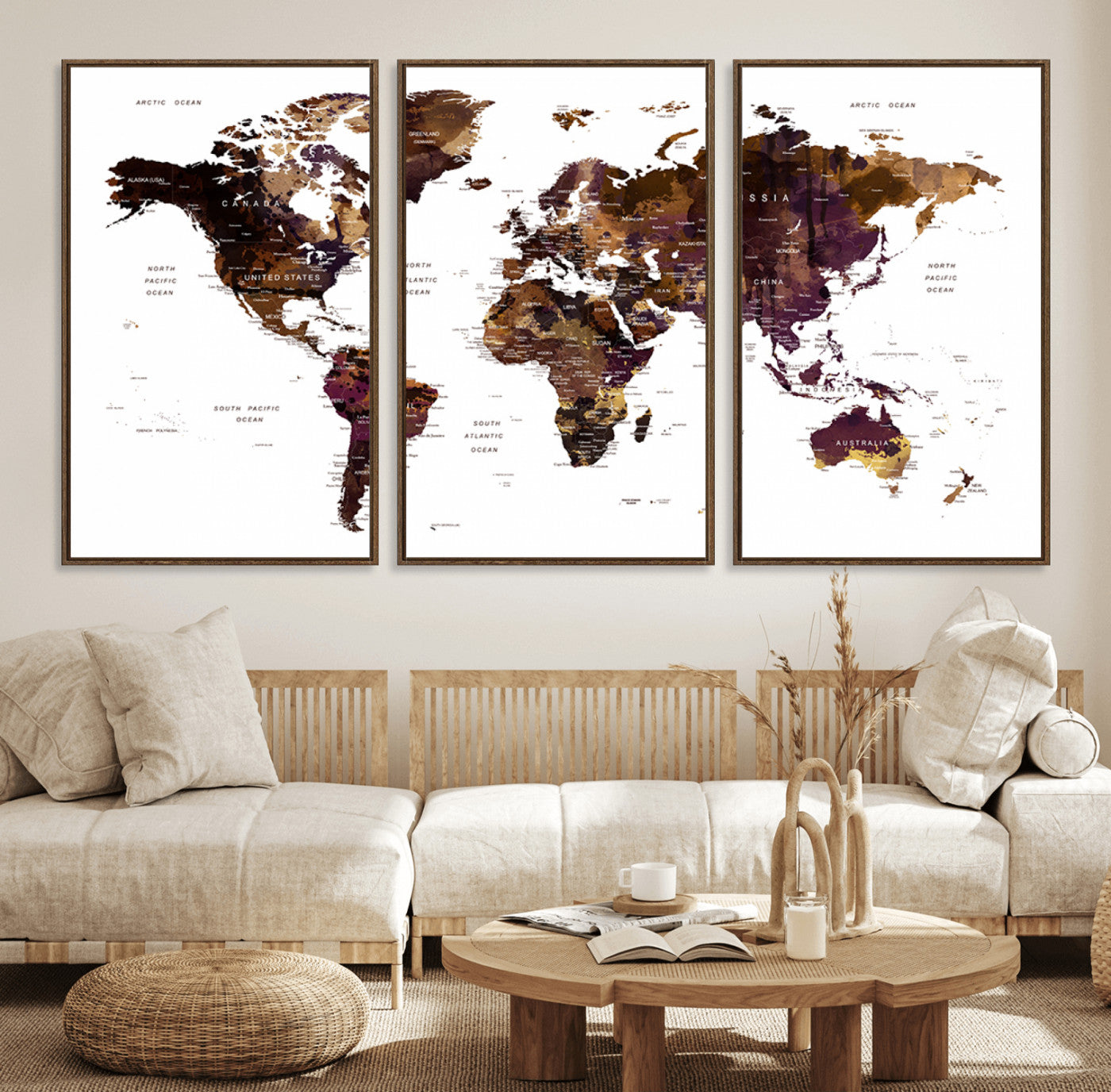 50611-MGV-FC-60X30-3P_Walnut-Push Pin World Map Canvas Print – Travel Tracker Wall Art for Couples, Perfect Anniversary Gift for Home or Office Decor