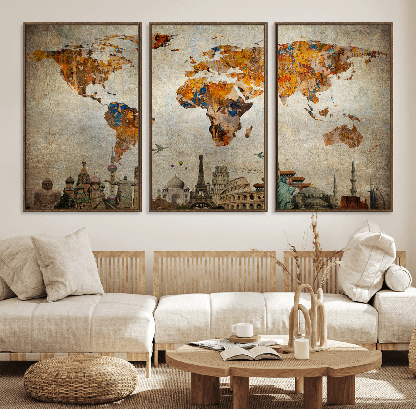 54918-MGV-FC-60X30-3P_Walnut-Push Pin World Map Canvas Print – Travel Tracker Wall Art for Couples, Perfect Anniversary Gift for Home or Office Decor