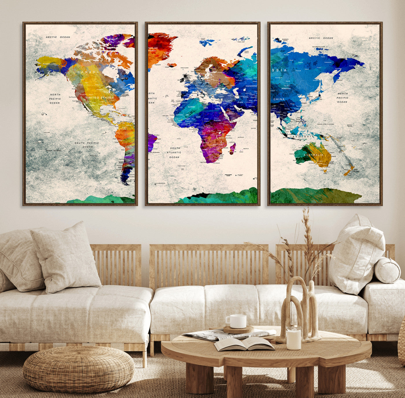 67752-MGV-FC-60X30-3P_Walnut-Push Pin World Map Canvas Print – Framed Travel Map Wall Art for Couples, Anniversary Gift, Modern Home or Office Decor