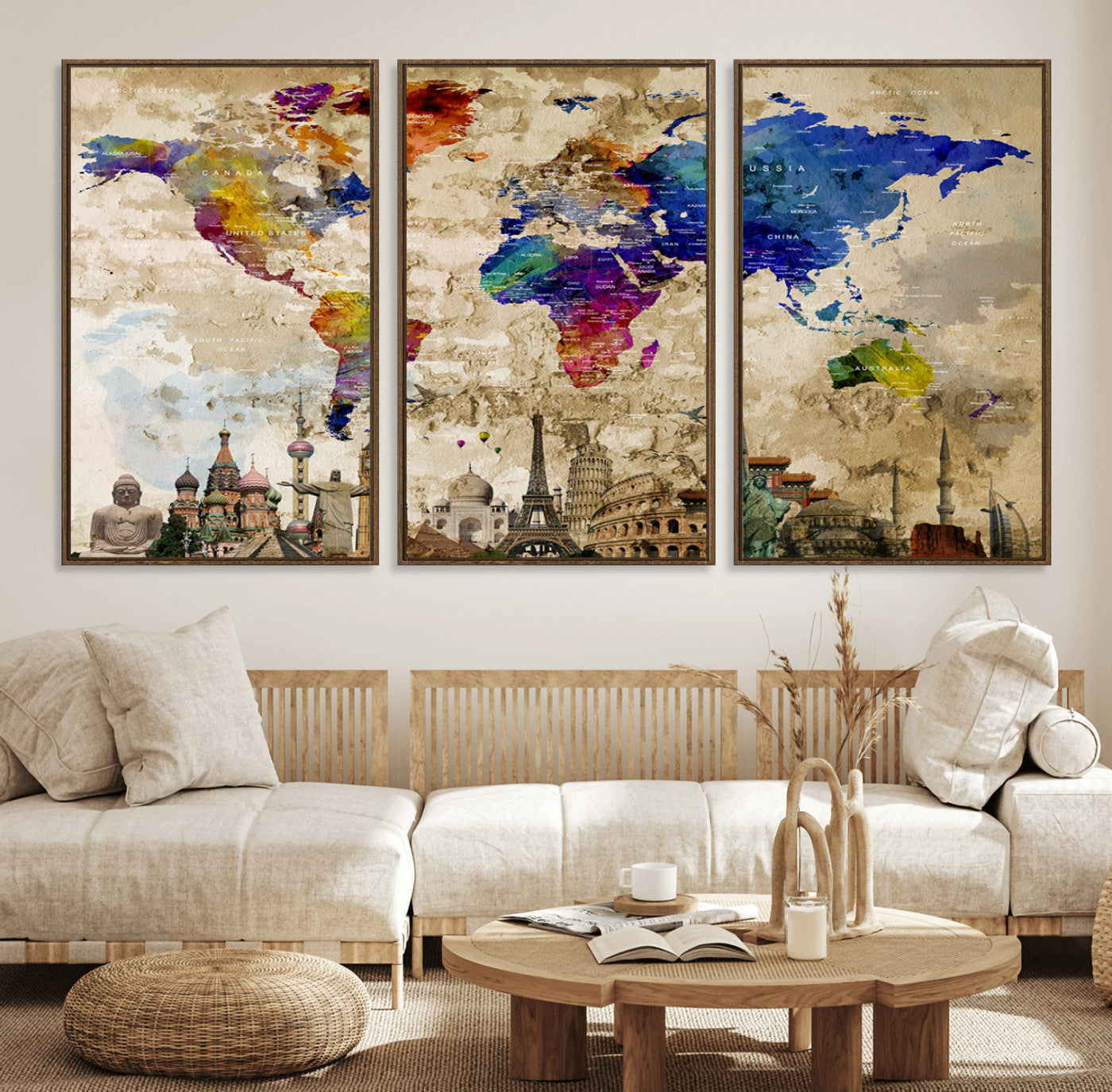 12168-MGV-FC-60X30-3P_Walnut-Push Pin World Map Canvas Print – Framed Travel Tracker Wall Art for Couples, Anniversary Gift and Modern Home Decor