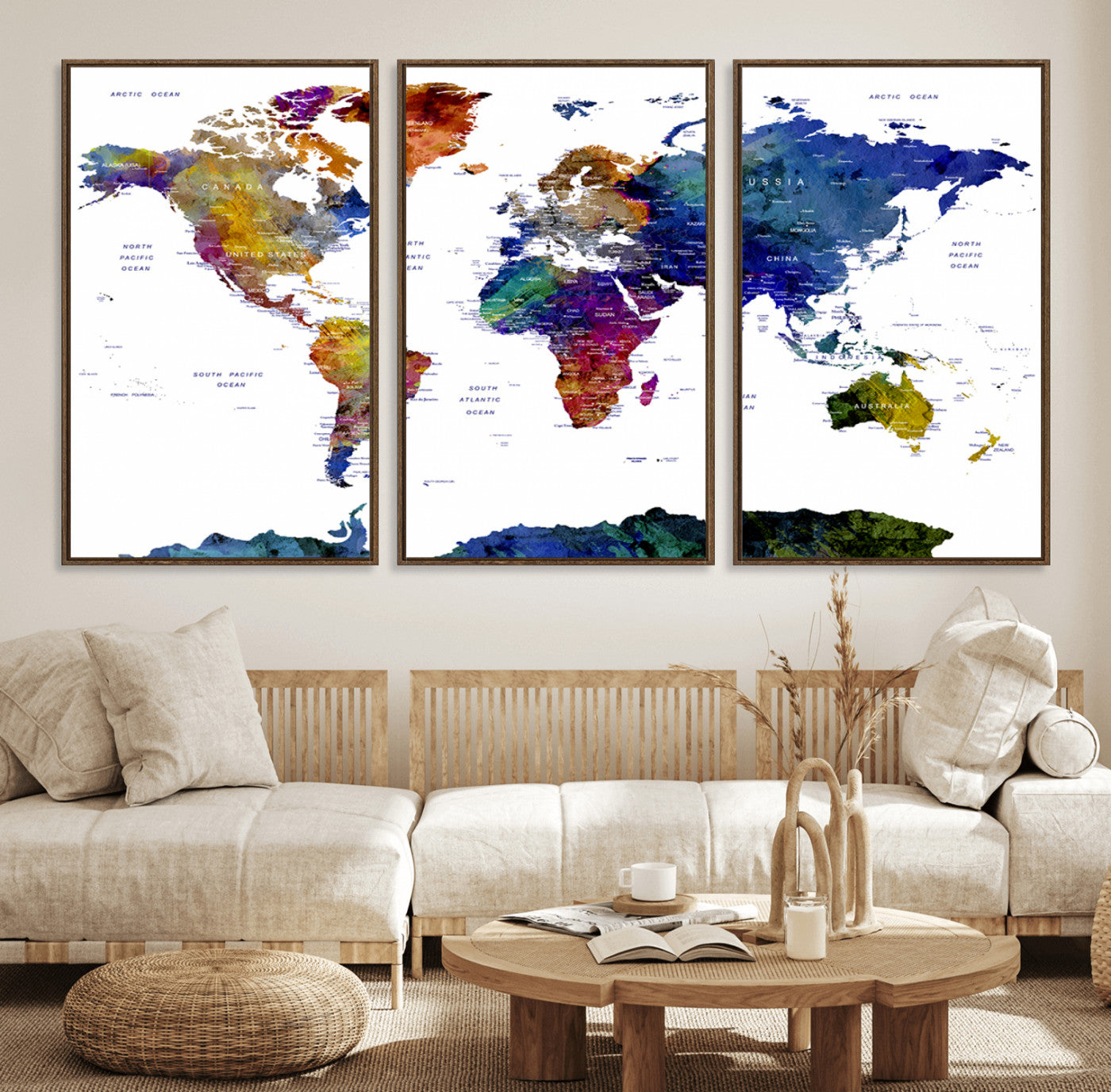 90446-MGV-FC-60X30-3P_Walnut-Colorful Watercolor World Map Canvas Wall Art – Framed Modern Push Pin Travel Map for Home and Office Decor