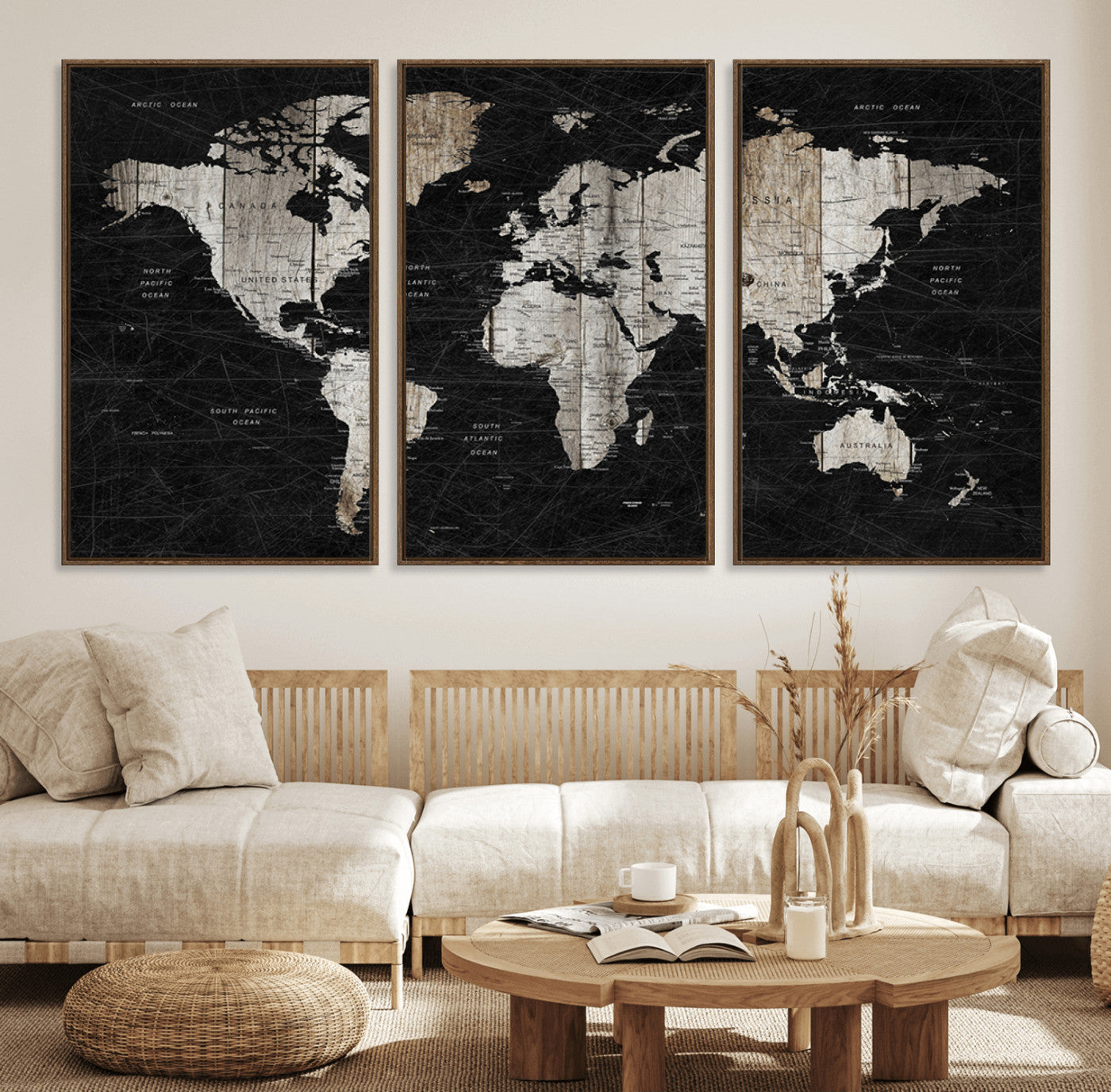 49500-MGV-FC-60X30-3P_Walnut-Push Pin World Map Canvas Print – Framed Travel Map Wall Art for Couples, Anniversary Gift, Modern Home or Office Decor