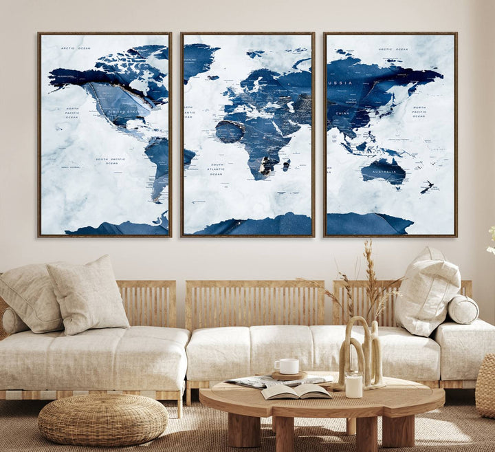 Navy Blue World Map with Antarctica Canvas: A perfect abstract home decor piece featuring a grunge-stained background.