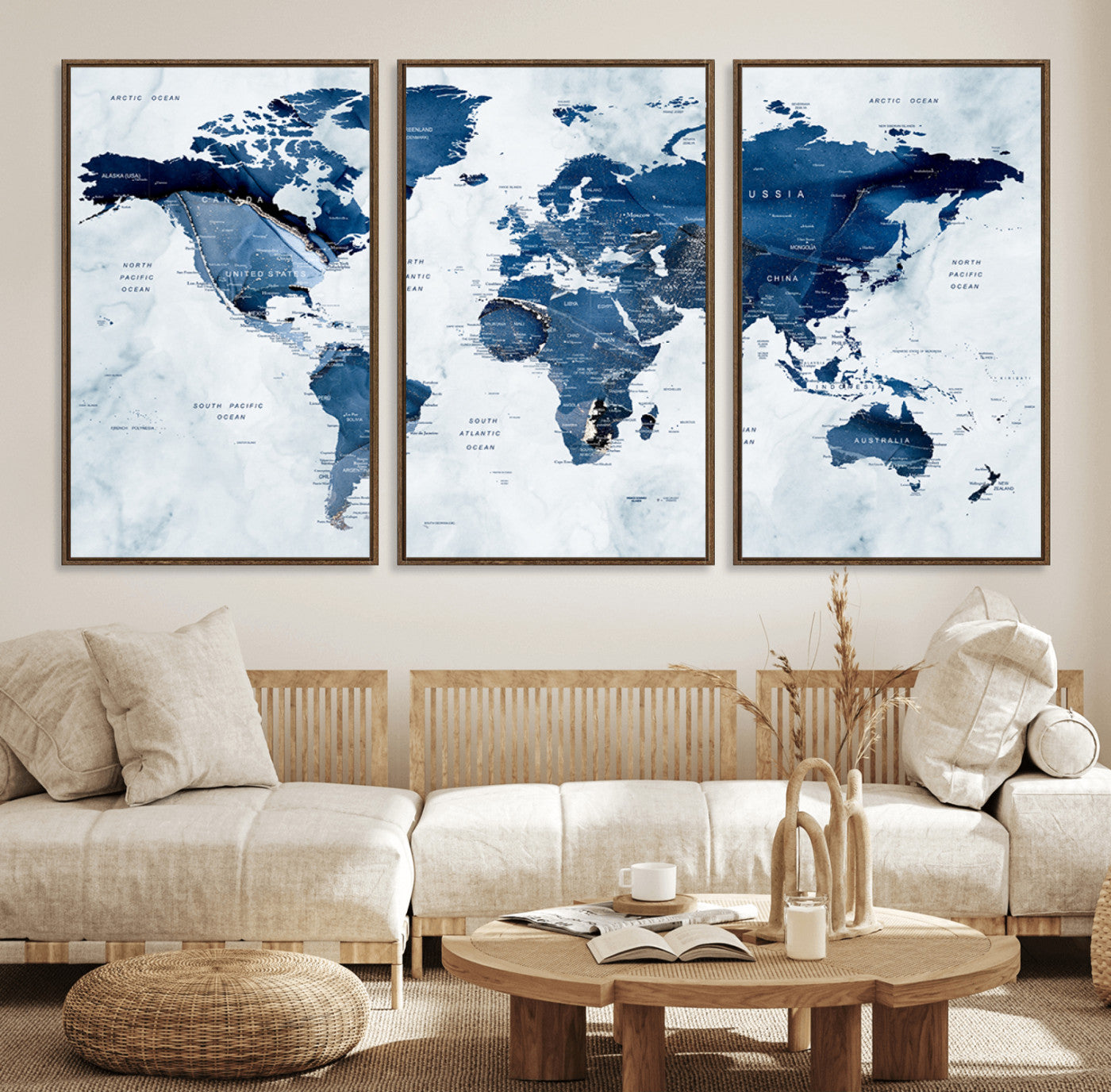 88266-MGV-FC-60X30-3P_Walnut-Modern Blue Marble World Map Canvas Print – Framed Push Pin Wall Art, Elegant Travel Map Artwork for Home Office or Living Room Decor
