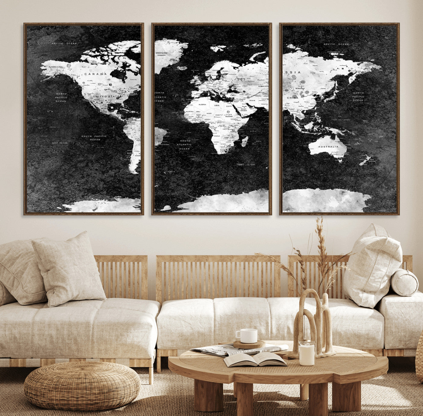 90682-MGV-FC-60X30-3P_Walnut-Black and White World Map Canvas Print – Framed Push Pin Wall Art for Couples, Modern Minimalist Travel Map for Elegant Home and Office Decor