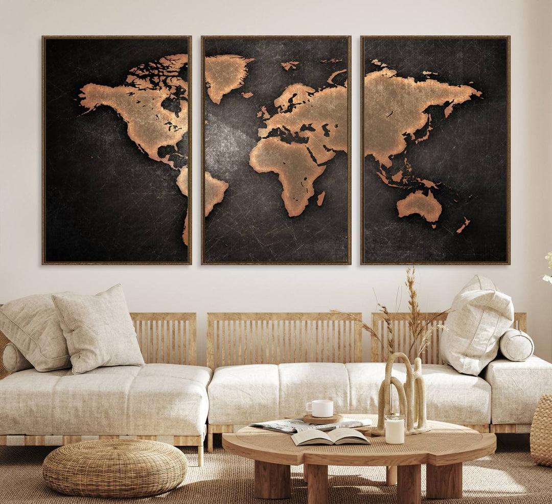 Maroon World Map Wall Art: Copper continents on a grunge-stained canvas, ideal for enhancing your decor.