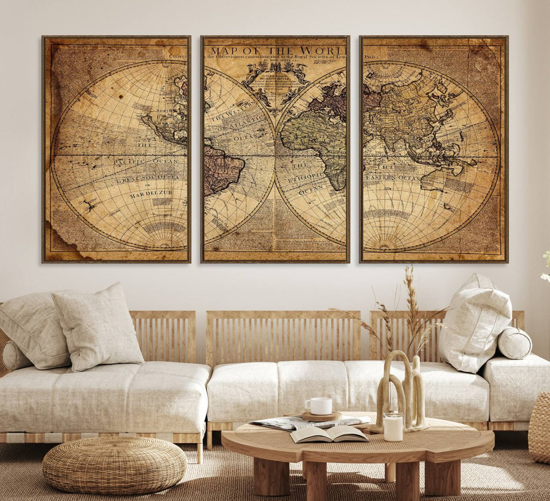 Vintage World Map Wall Art on a textured wall in a modern living room.