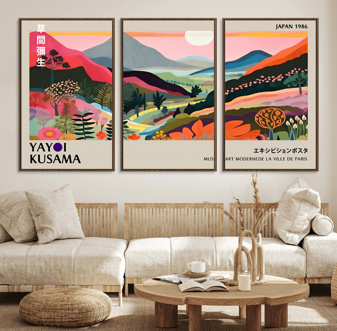 33411-MGV-FC-60X30-3P_Walnut-Yayoi Kusama Japan 1986 Wall Art Canvas Print – Vibrant Wabi Sabi Japanese Abstract Landscape Artwork for Home, Office