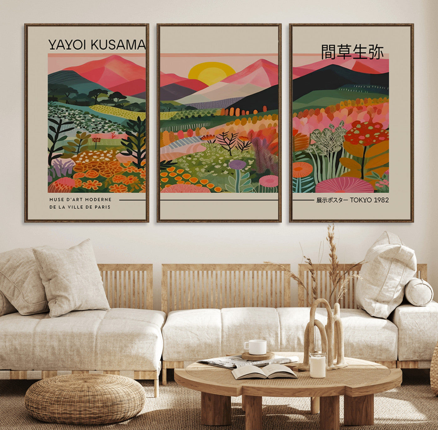 17495-MGV-FC-60X30-3P_Walnut-Yayoi Kusama 1986 Wall Art Print – Wabi Sabi Japanese Vibrant Abstract Canvas Artwork for Home, Office, Living Room