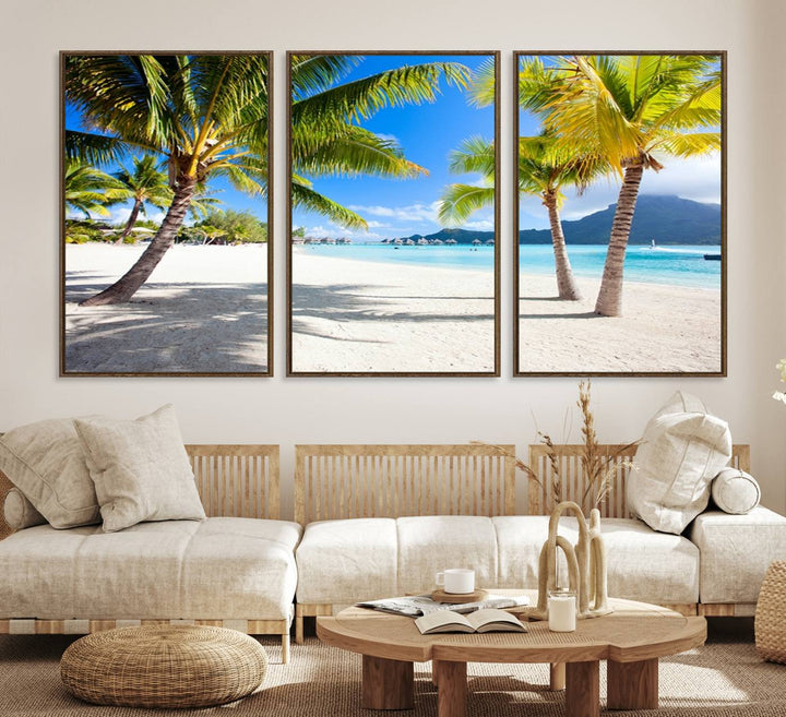 Blue Beach and Sea Wall Art Canvas Print: showcases a tropical scene with palm trees, white sand, and turquoise water.