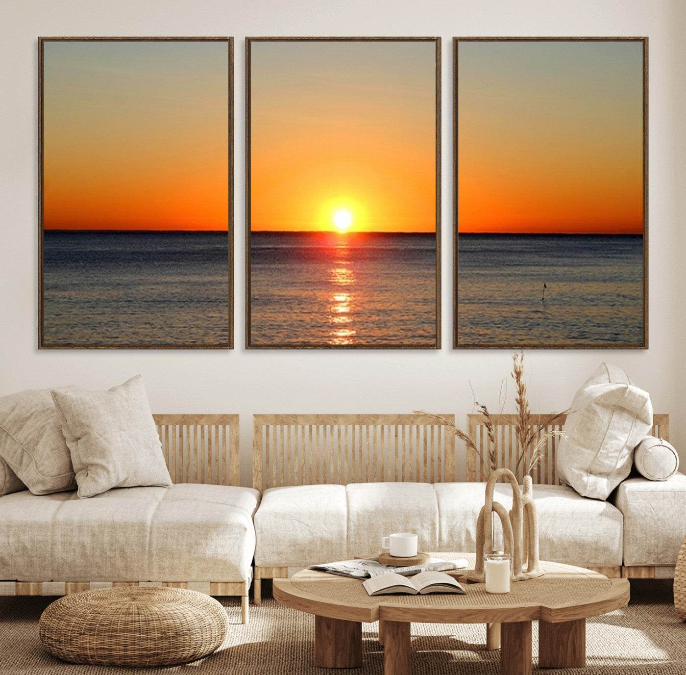 54676-MGV-FC-60X30-3P_Walnut-Golden Horizon Sunset Over Ocean Wall Art Canvas Print – Tropical Beach Canvas Wall Art – Giclee