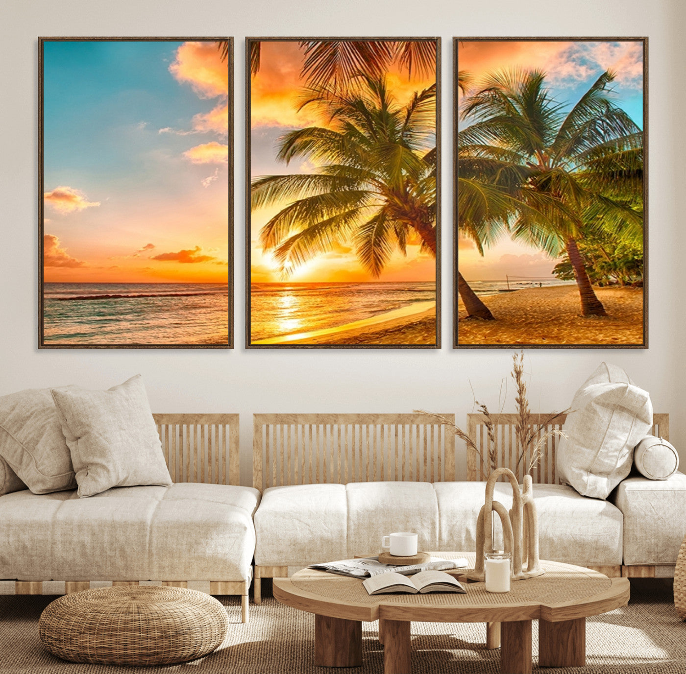 18618-MGV-FC-60X30-3P_Walnut-Tropical Sunset Beach Canvas Wall Art Print – Vibrant Palm Trees and Coastal Sunset Wall Decor for