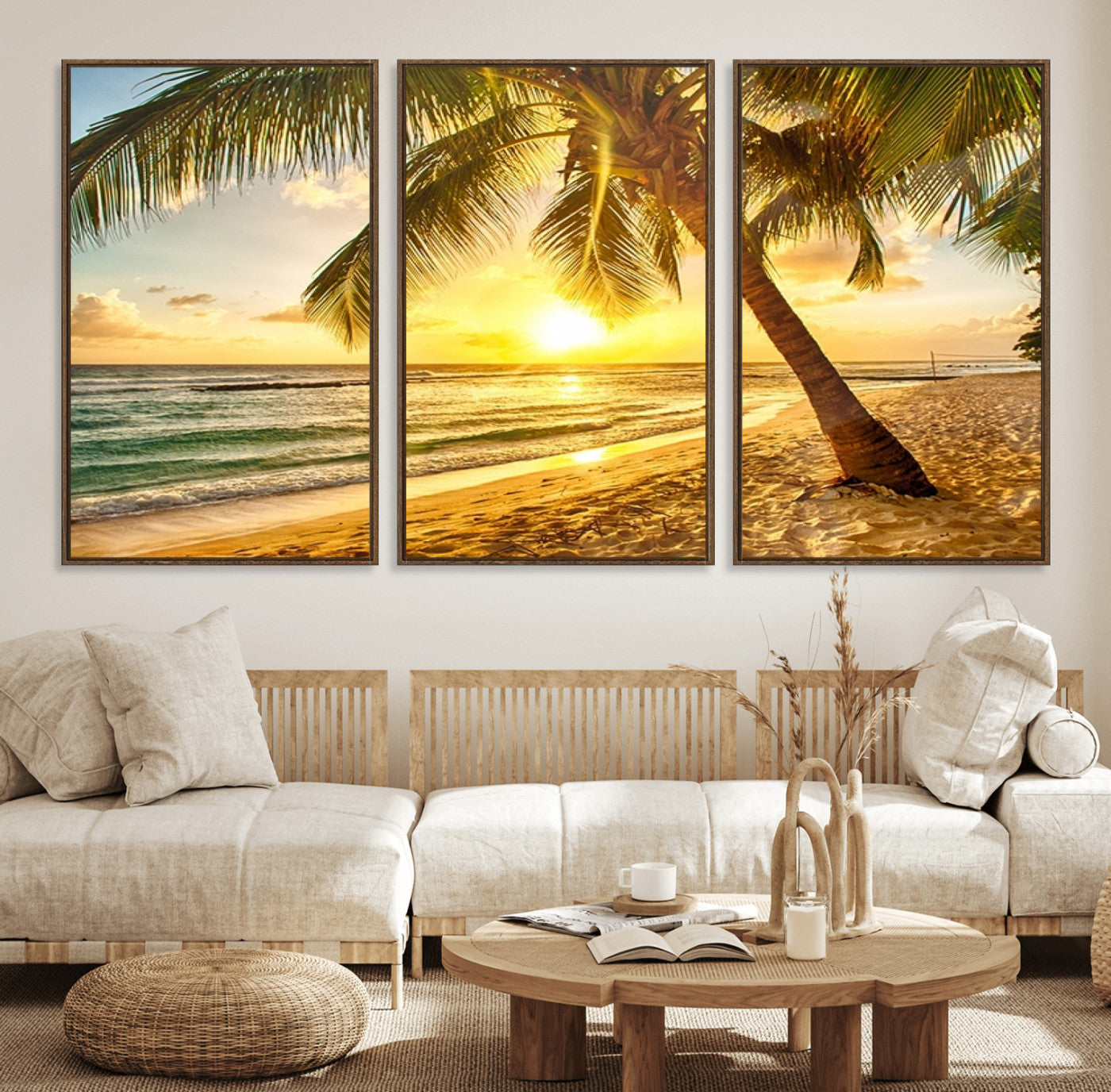 33628-MGV-FC-60X30-3P_Walnut-Beach Sunset Canvas Wall Art Print - Tropical Beach Canvas Wall Art Print – Vibrant Palm Trees and