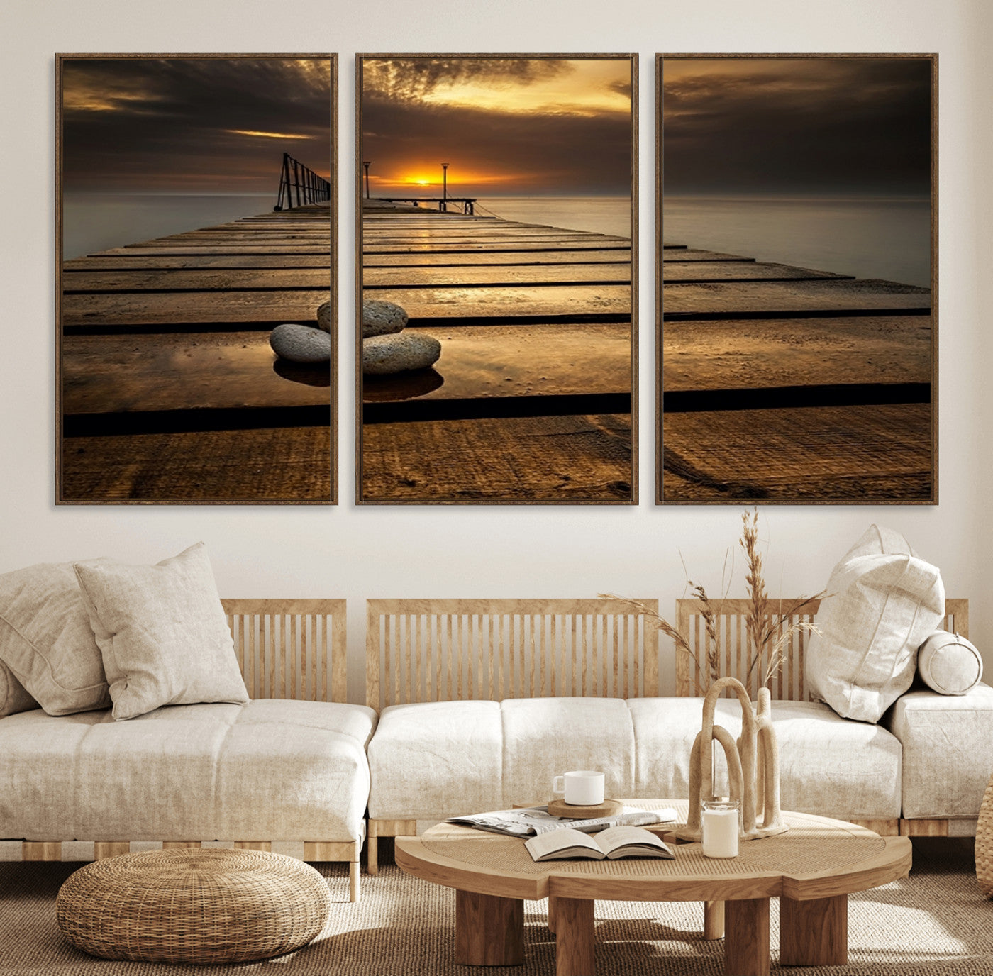 41021-MGV-FC-60X30-3P_Walnut-Stones on Wooden Pier at Sunset Canvas Print, Serene Coastal Wall Art, Beach Sunset Photography,