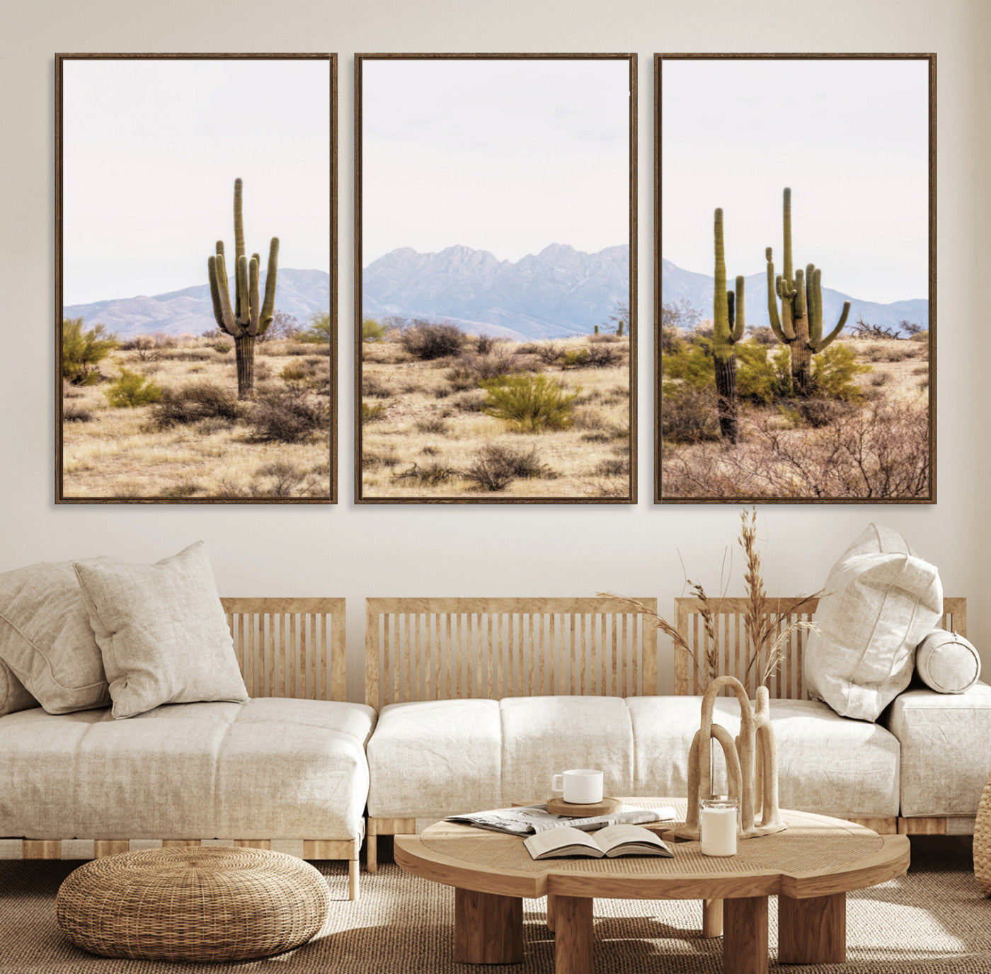 97436-MGV-FC-60X30-3P_Walnut-Desert Cactus Canvas Wall Art – Serene Southwestern Arizona Landscape with Majestic Mountains -