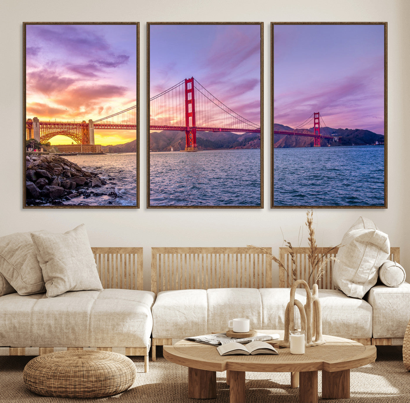 27106-MGV-FC-60X30-3P_Walnut-Golden Gate Bridge Wall Art Canvas Print – Framed San Francisco Sunset Scene with Cityscape Artwork for Home, Office