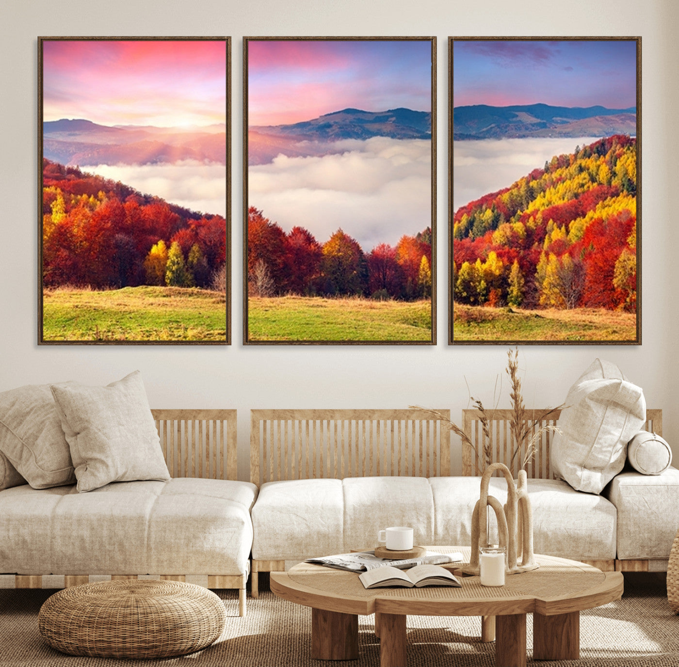 15394-MGV-FC-60X30-3P_Walnut-Autumn Mountain Foggy Landscape Wall Art Canvas Print | Beautiful Forest Canvas Print | Misty