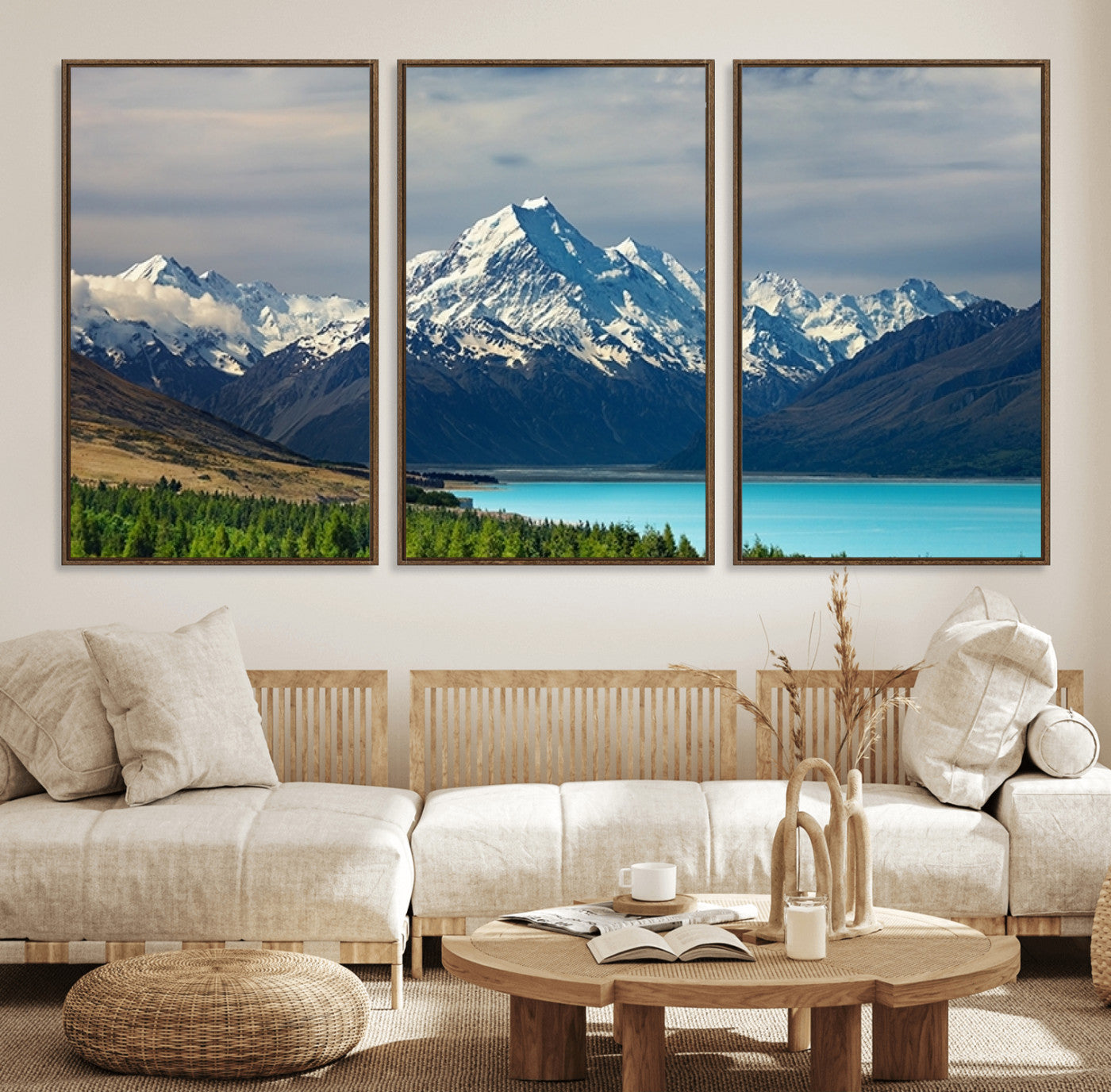 MGV-FC-60X30-3P - Mount Cook and Lake Pukaki Canvas Wall Art Print – Majestic Snow-Capped Peaks and Serene Lake Wall