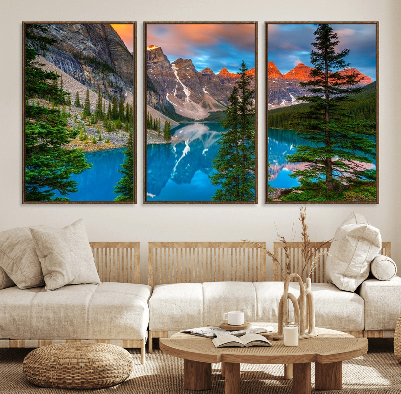 MGV-FC-60X30-3P - Canadian Rockies Moraine Lake Wall Art Canvas Print, Pine Trees Mountain Spring Canvas Print