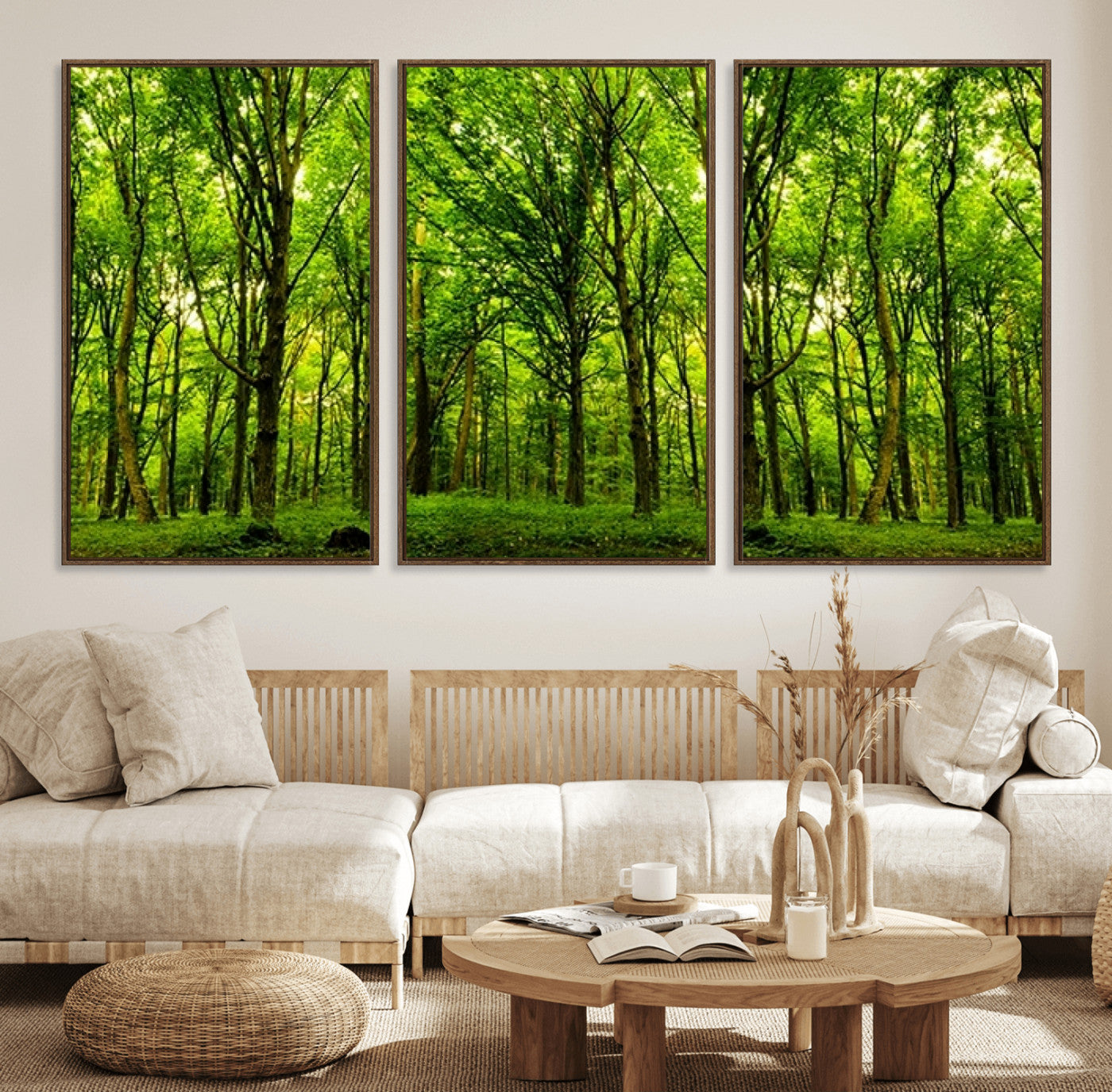 10744-MGV-FC-60X30-3P_Walnut-Lush Green Forest Canvas Print | 3-Panel Forest Wall Art | Nature Landscape for Living Room