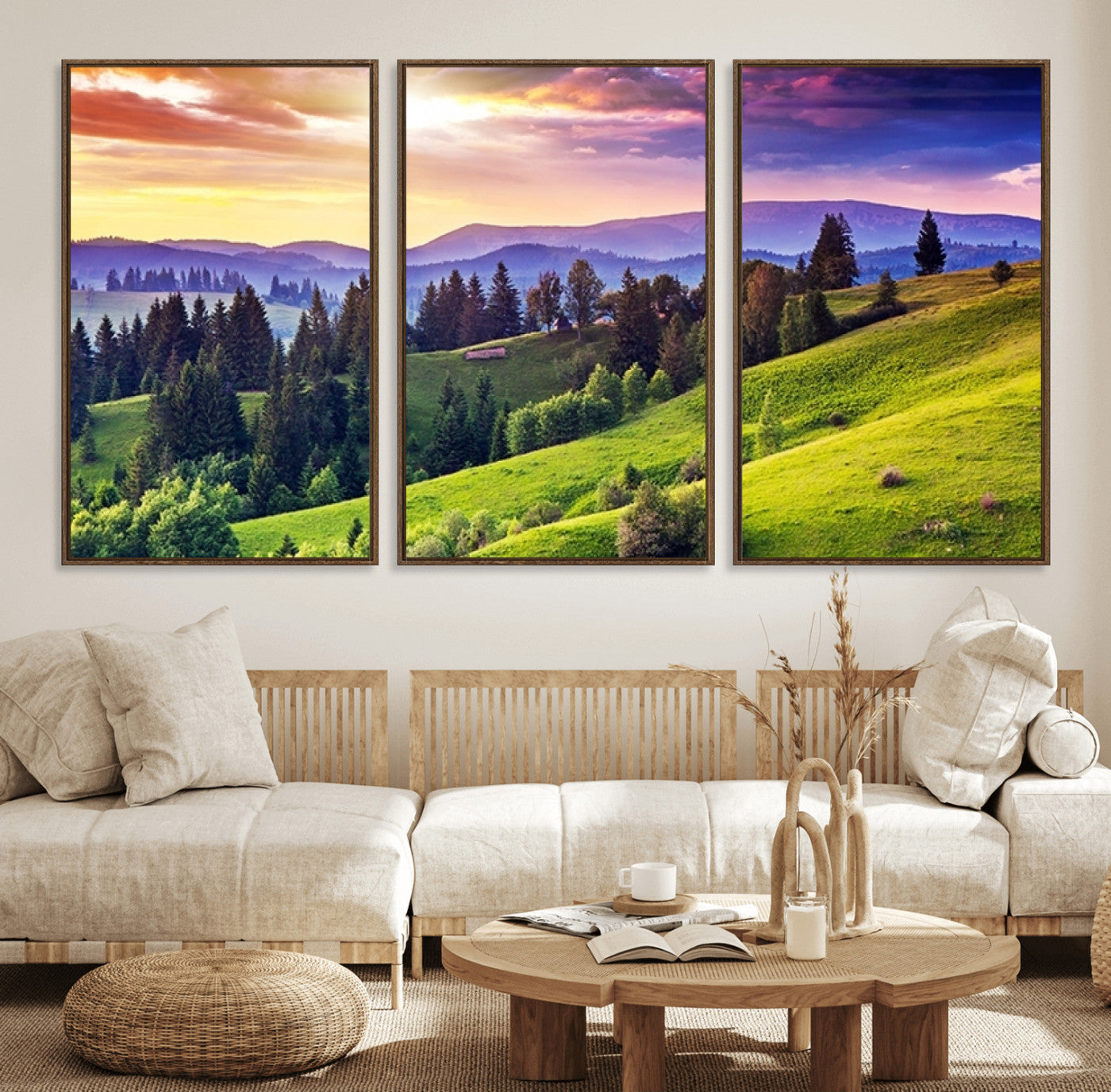 34314-MGV-FC-60X30-3P_Walnut-Green Hills and Sunset Wall Art Print - Scenic Landscape with Lush Greenery and Vibrant Sky, Ready